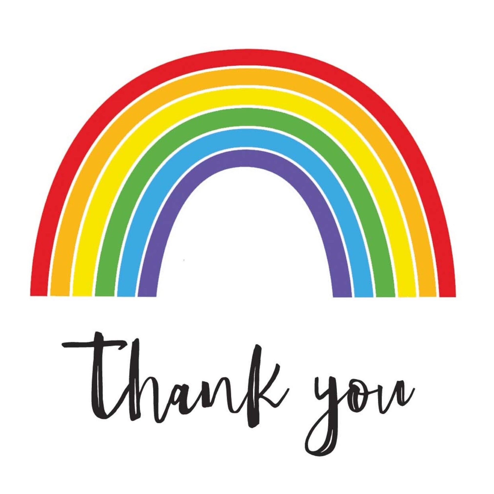 A card featuring a rainbow and the text thank you. 