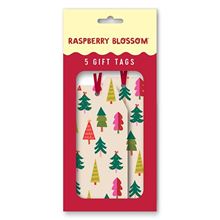 A pack of 5 Christmas gift tags with small Christmas trees in a rainbow of colours.