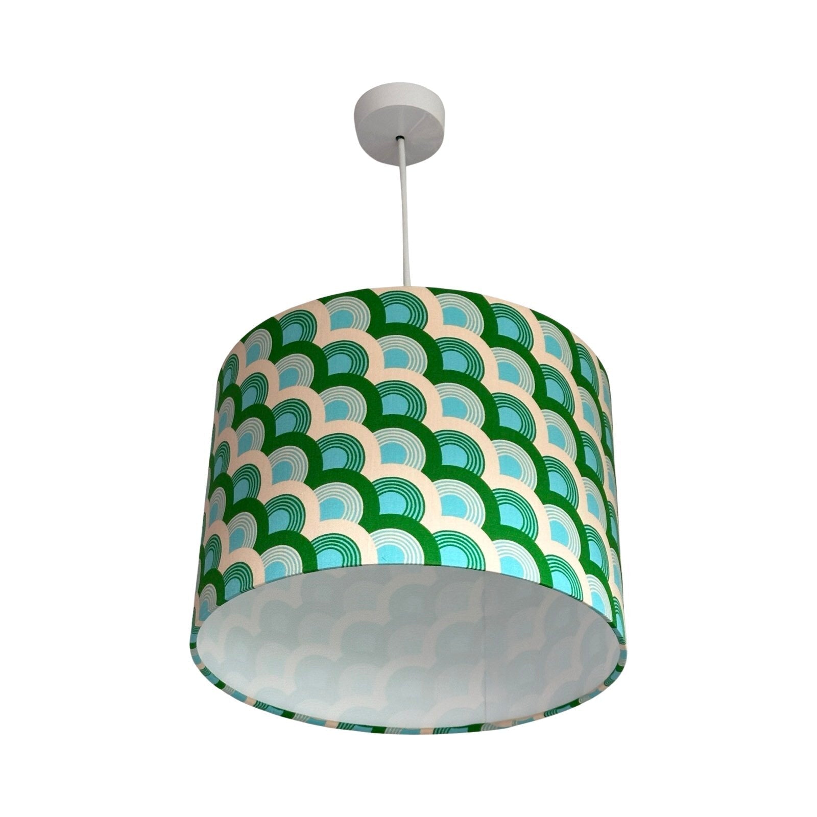 Drum lampshade with green, turquoise and white rainbows