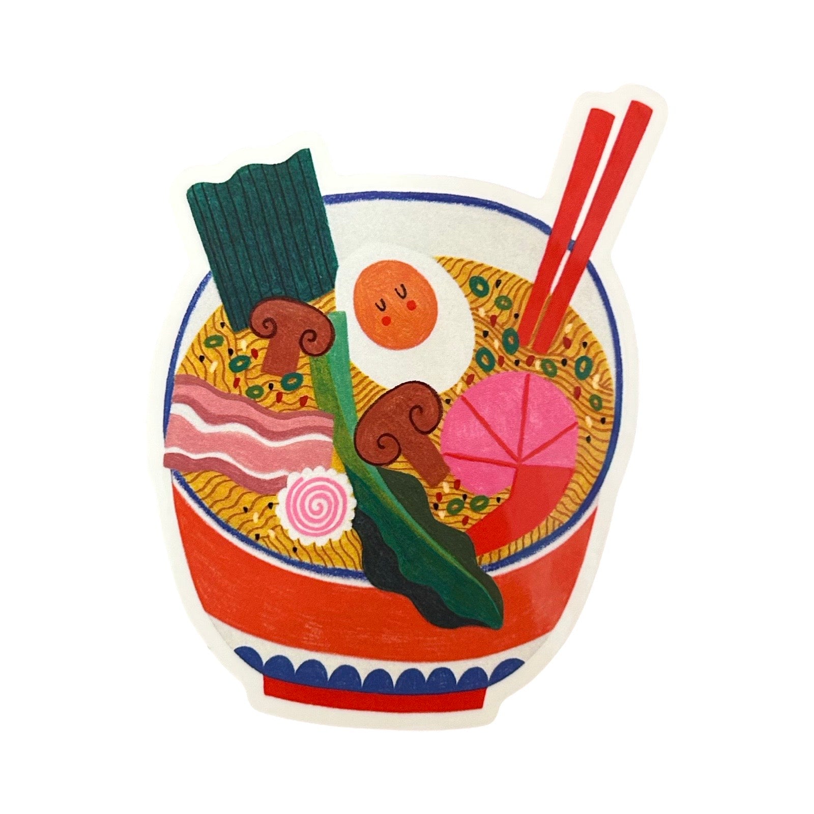 A sticker featuring a whimsical, stylised illustration of a bowl of ramen on a plain white background.