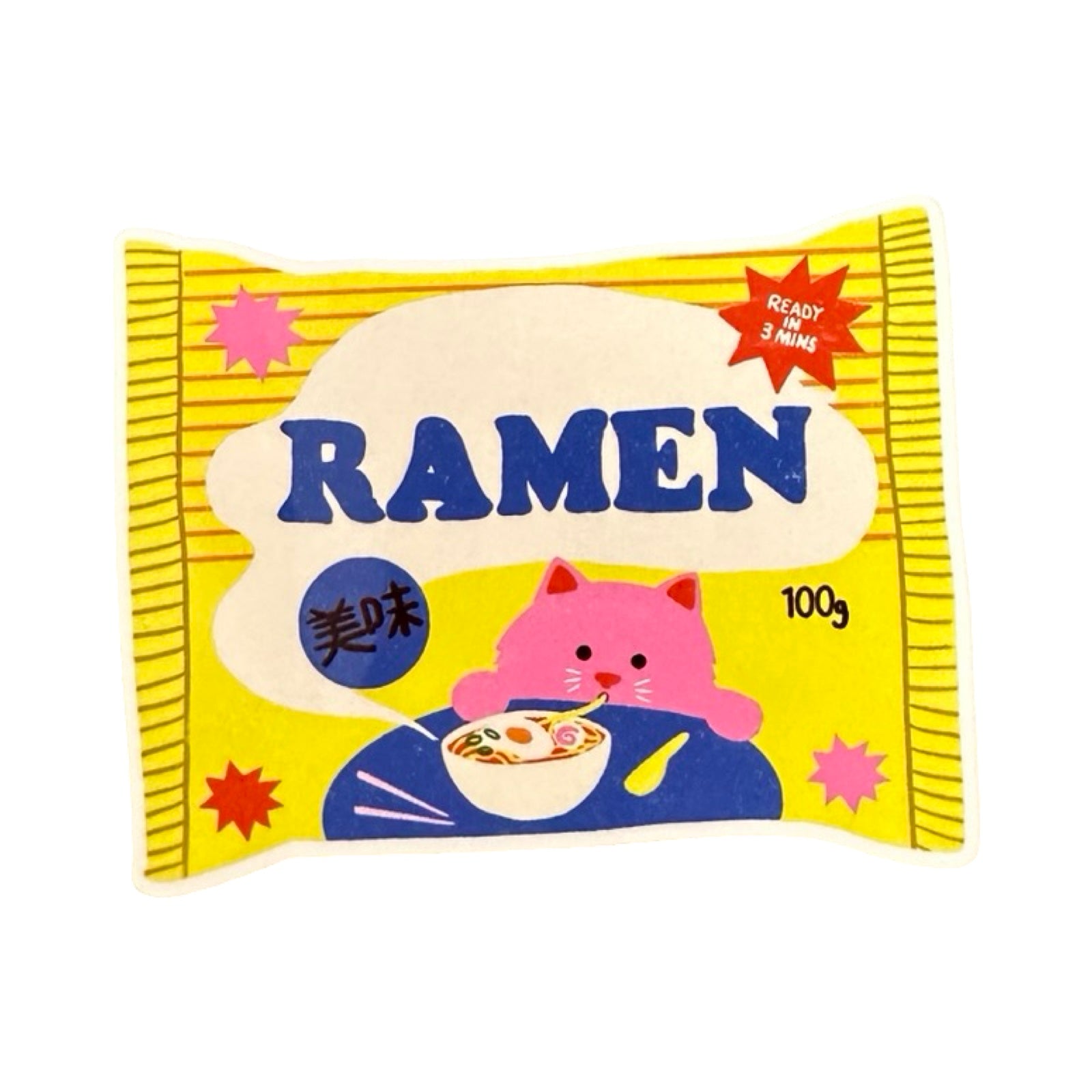 Ramen package with a cartoon cat character on a yellow background.