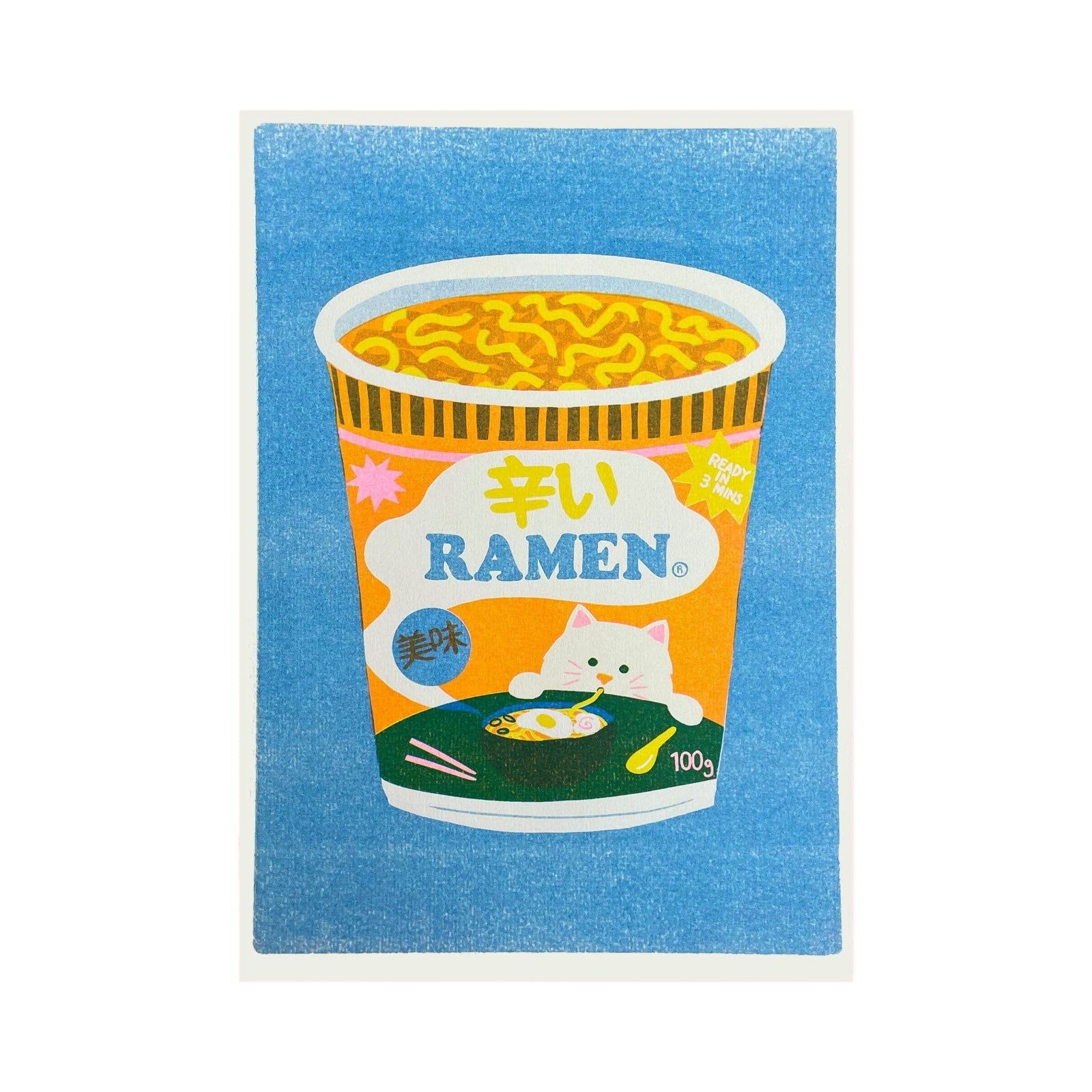 This colourful risograph print features a tub of ramen noodles against a blue background.