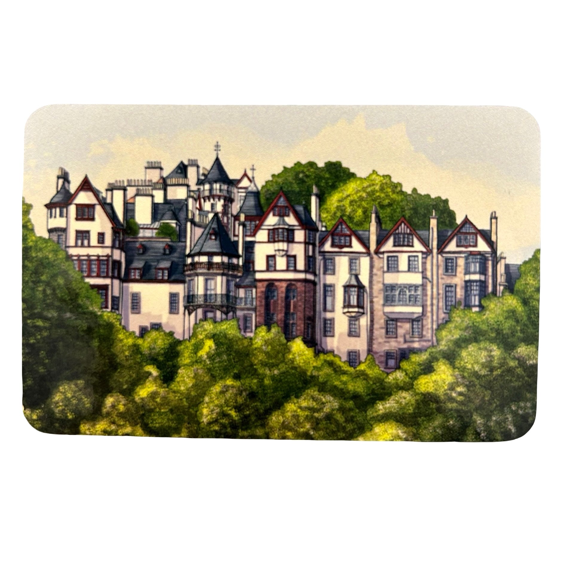 Illustration of a large, ornate building with multiple towers and turrets surrounded by green trees, on a magnet.