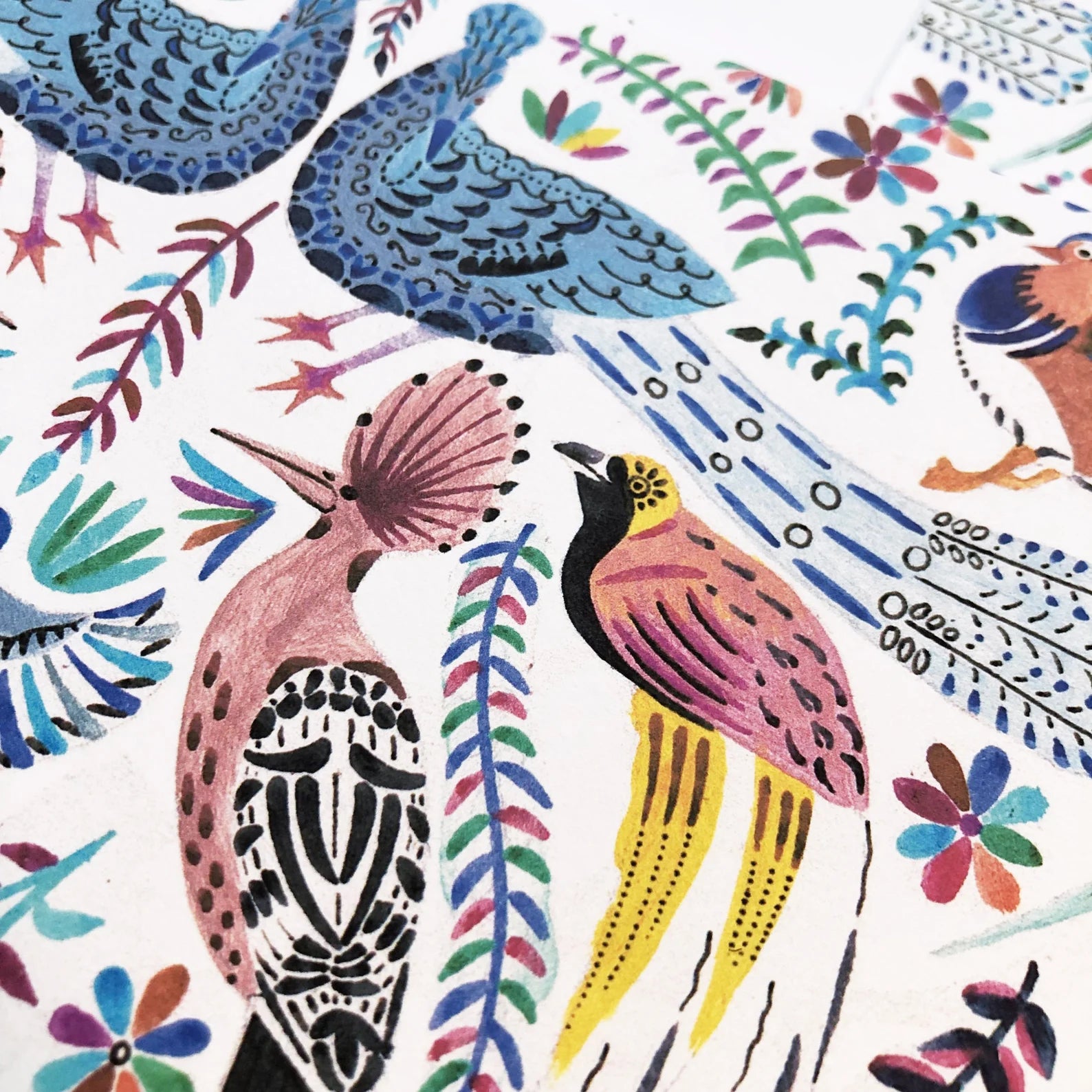 Colorful pattern of birds and flowers on a white background.