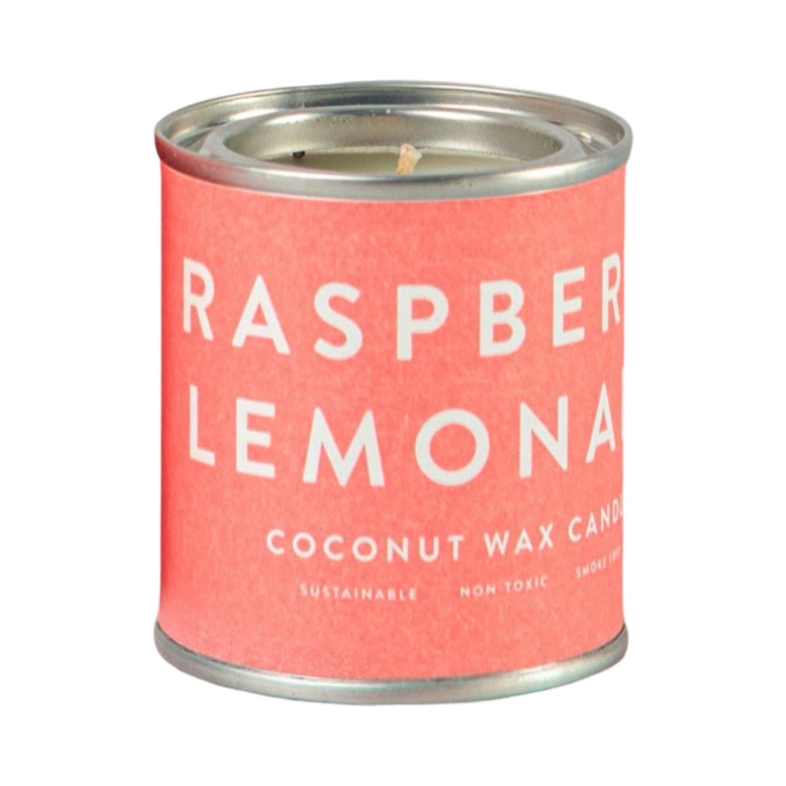 a raspberry lemonade coconut wax candle in a small paint tin with a pale red label