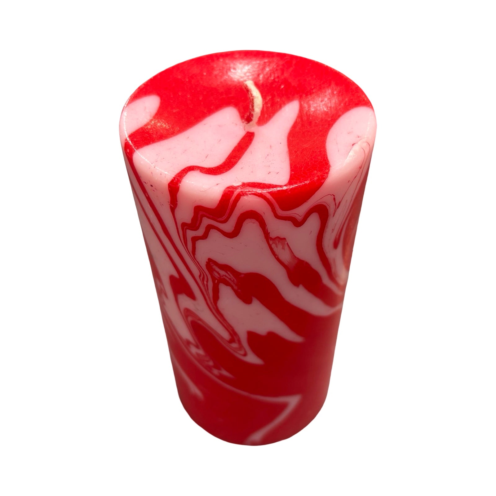 Pretty pillar candle hand-poured with unscented soy wax and dip-dyed in red and pastel pink making a gorgeous marble swirl. 