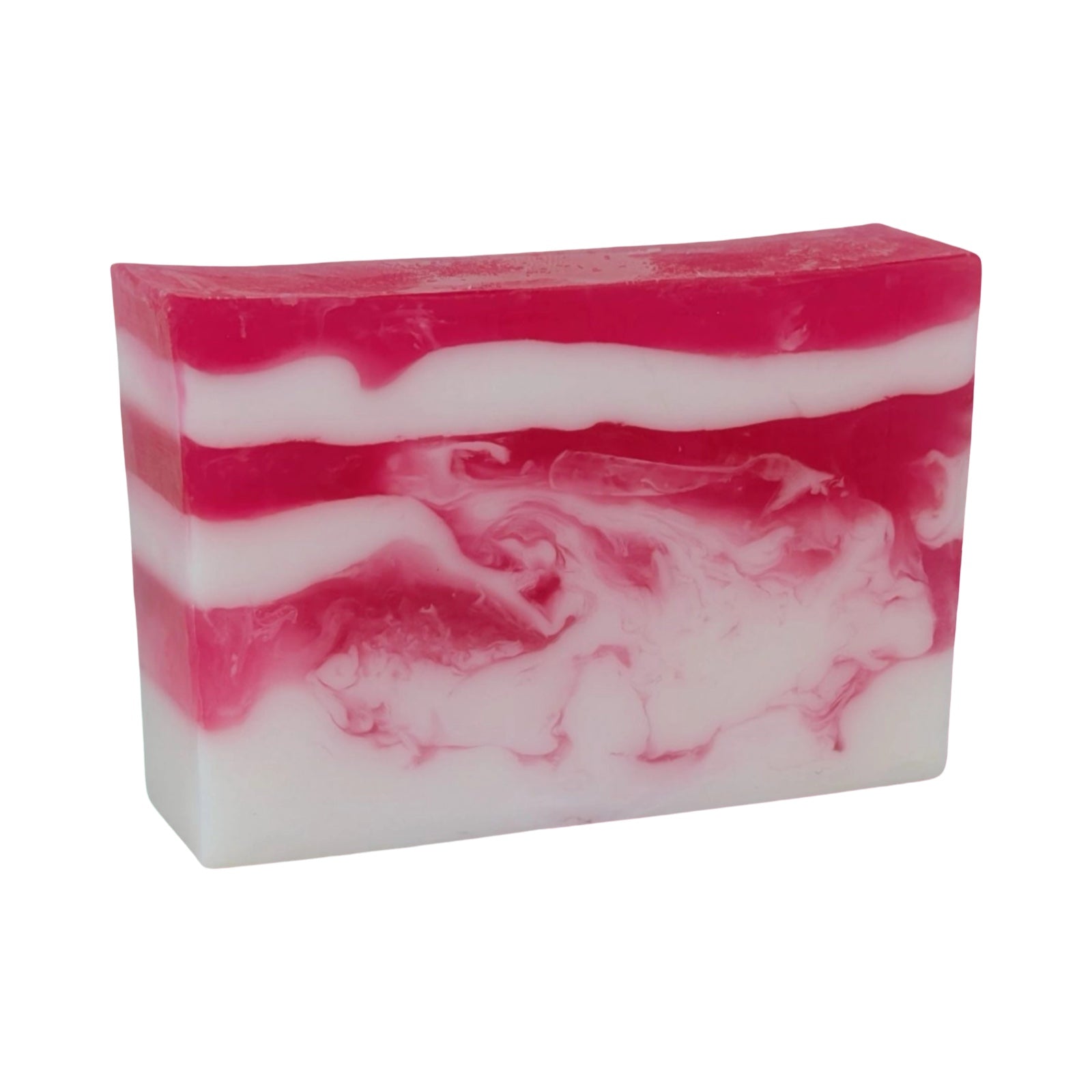 A bar of pink and white raspberry ripple scented soap.
