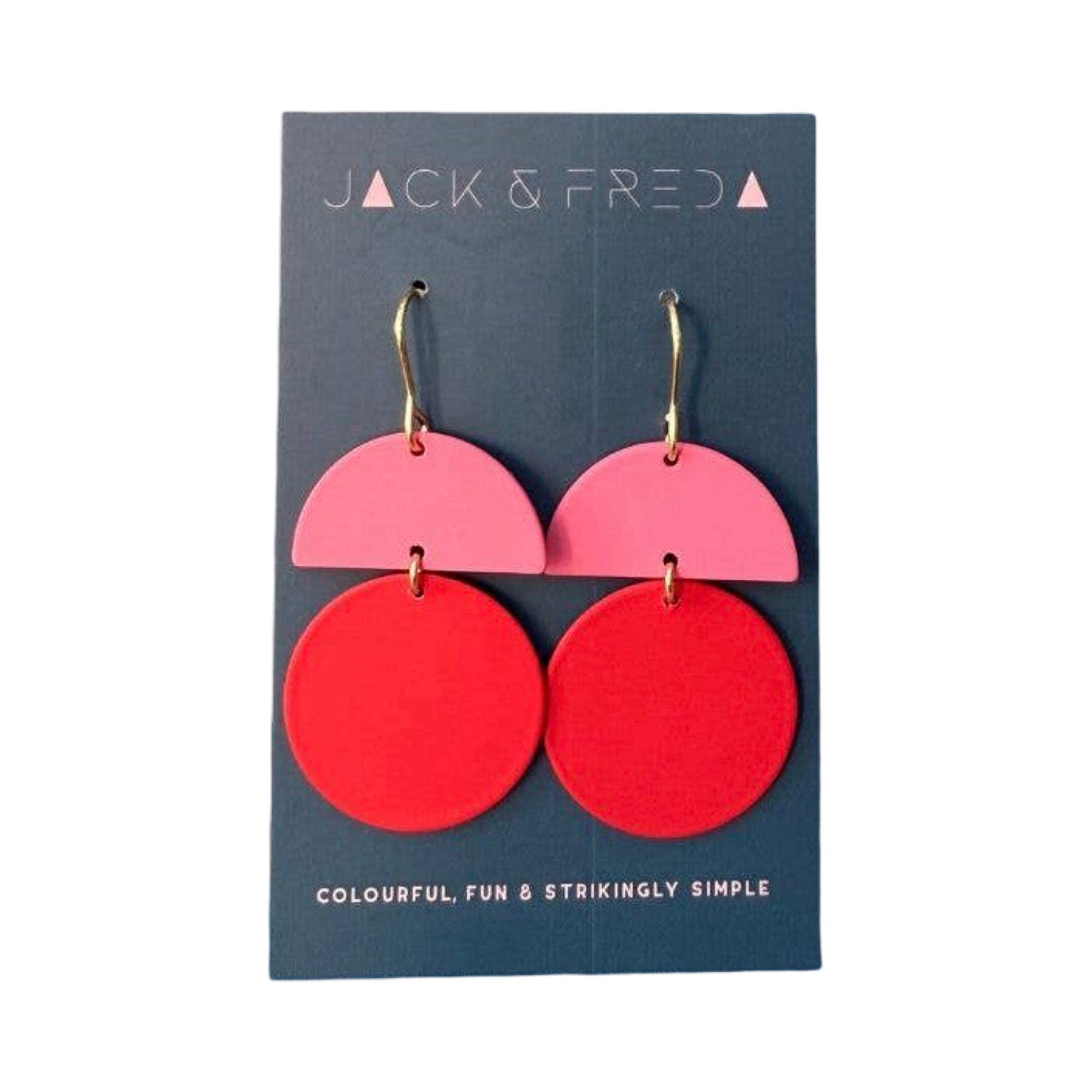 Pair of earrings on a Jack & Fred card with pink and red circular designs.