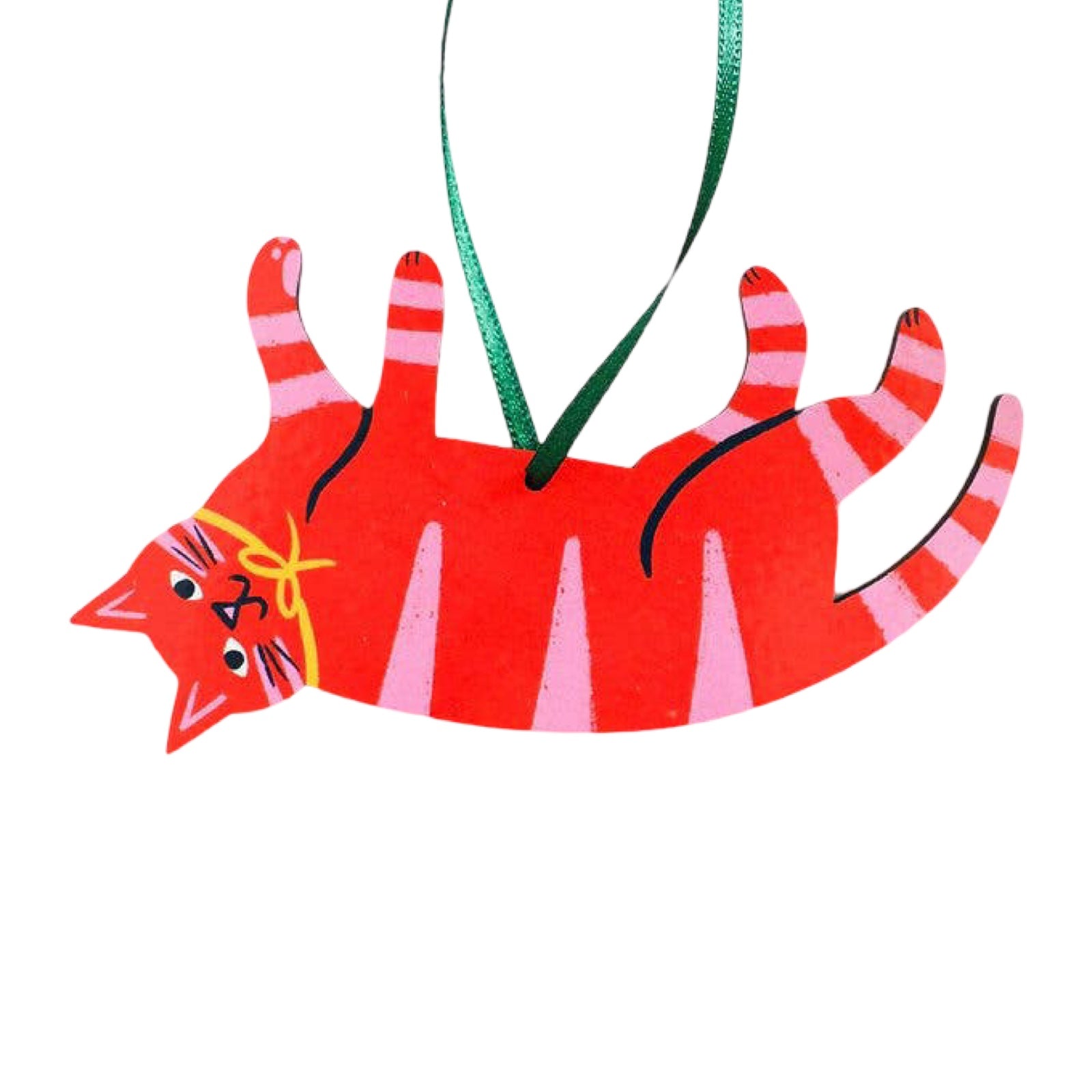 Wooden Christmas cat-shaped decoration in red with pink stripes.