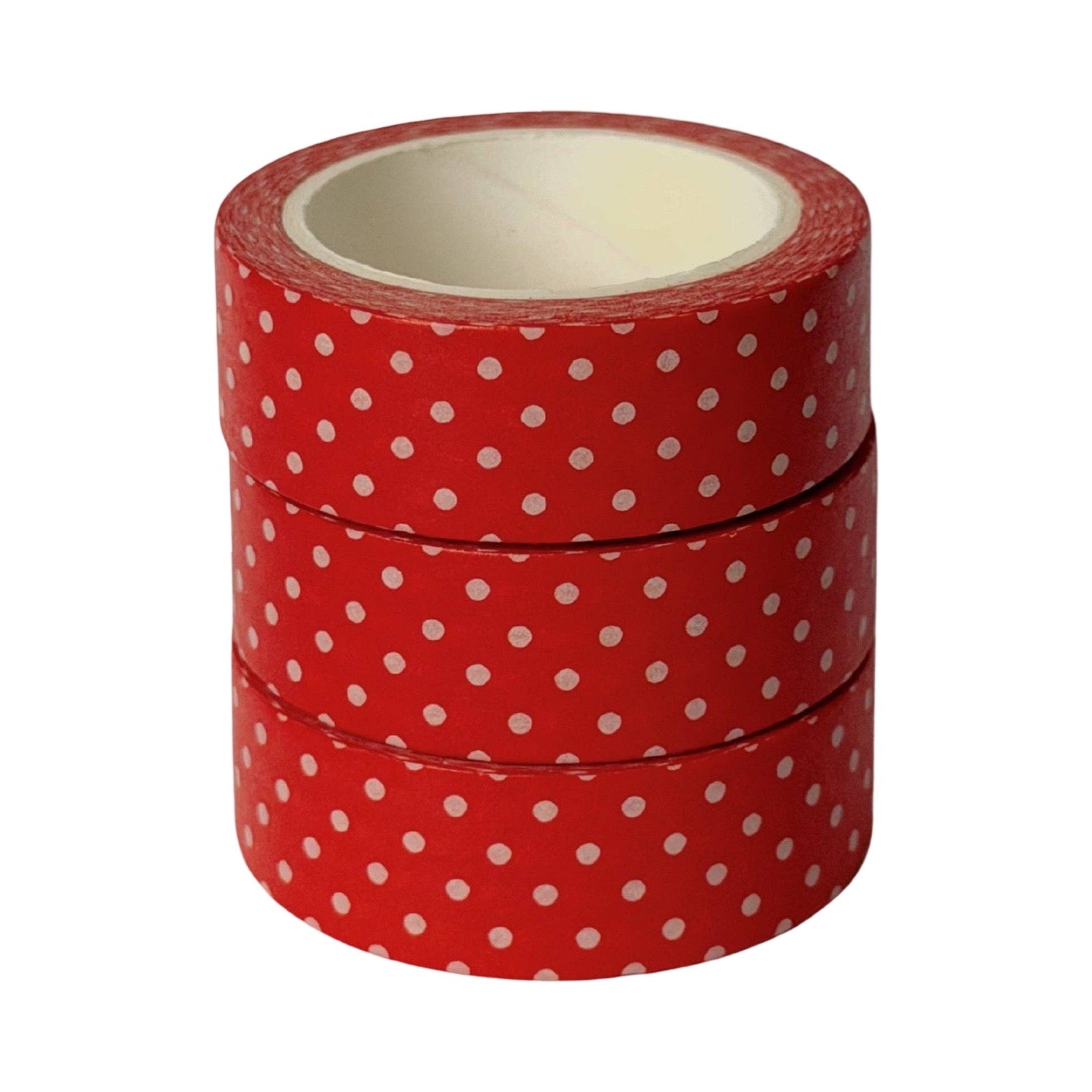 Three stacked rolls of red washi tape with a white polka dot pattern, shown on a plain white background.