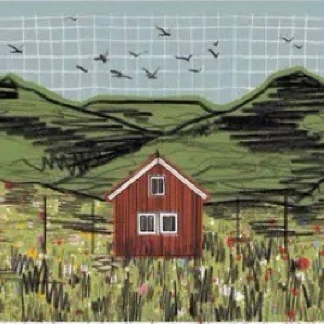 A3 calming print of a red cabin nestled in a fence line in a meadow in the foreground and birds circling above the hills overhead