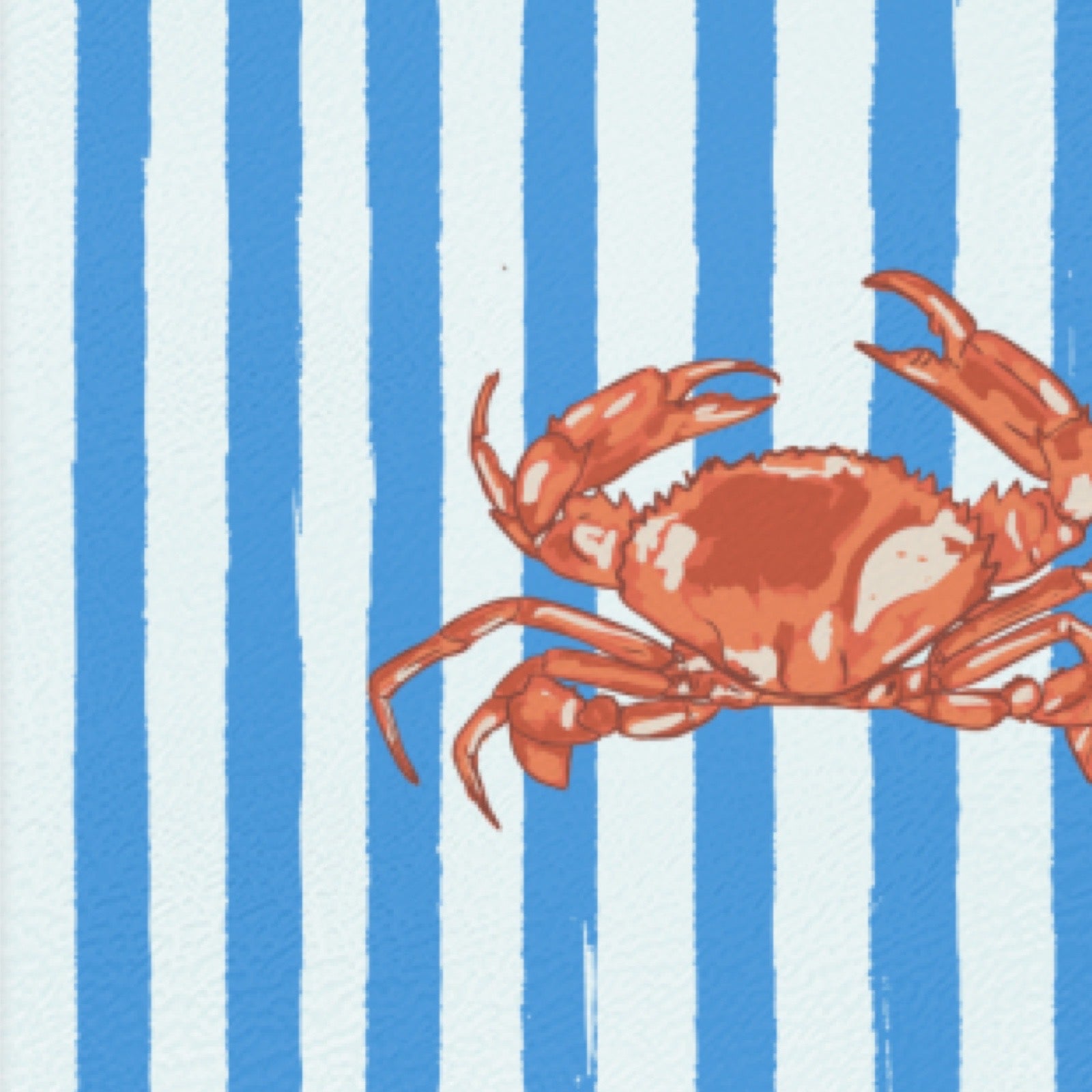 A chopping board with a crab on a background of vertical blue and white stripes.
