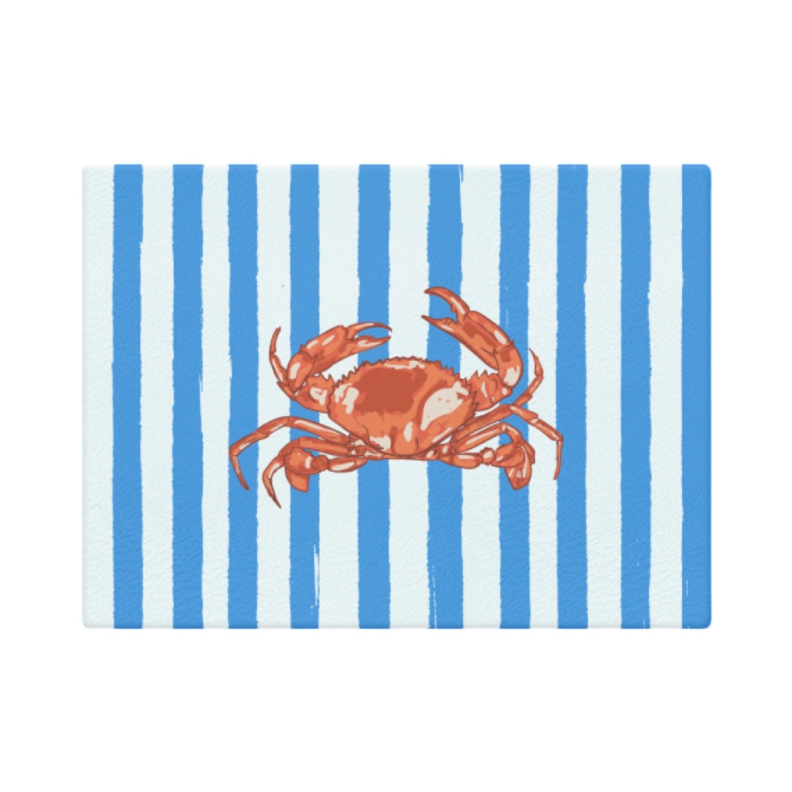 A rectangular chopping board featuring a crab illustration centred over vertical blue and white stripes, shown against a plain white background.
