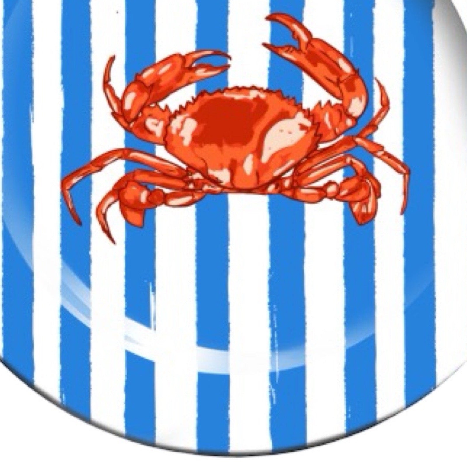 Red crab on a blue and white striped background.