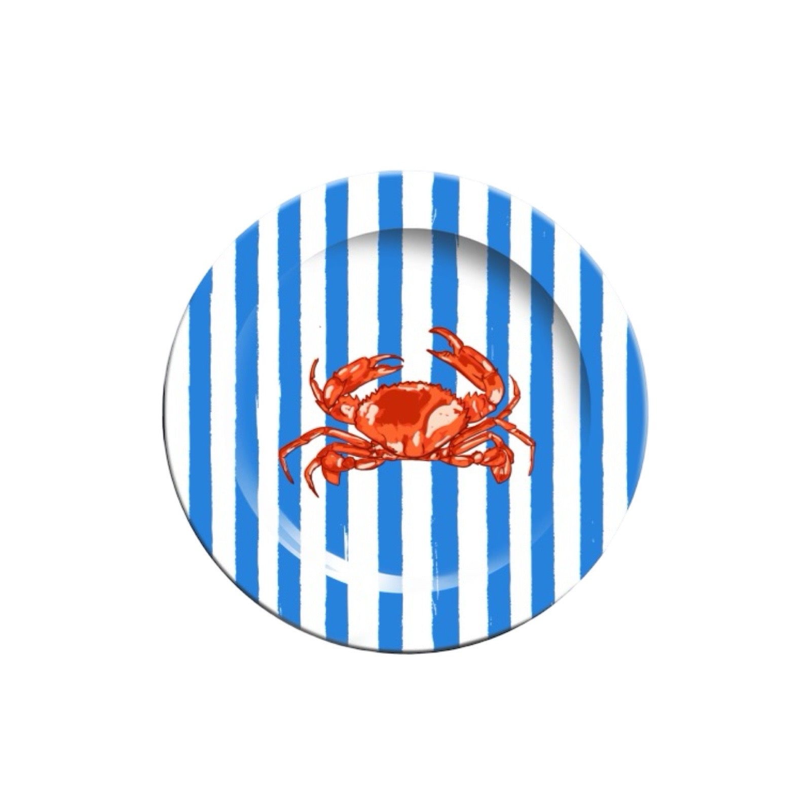 Round plate with a red crab design on a blue and white striped background.
