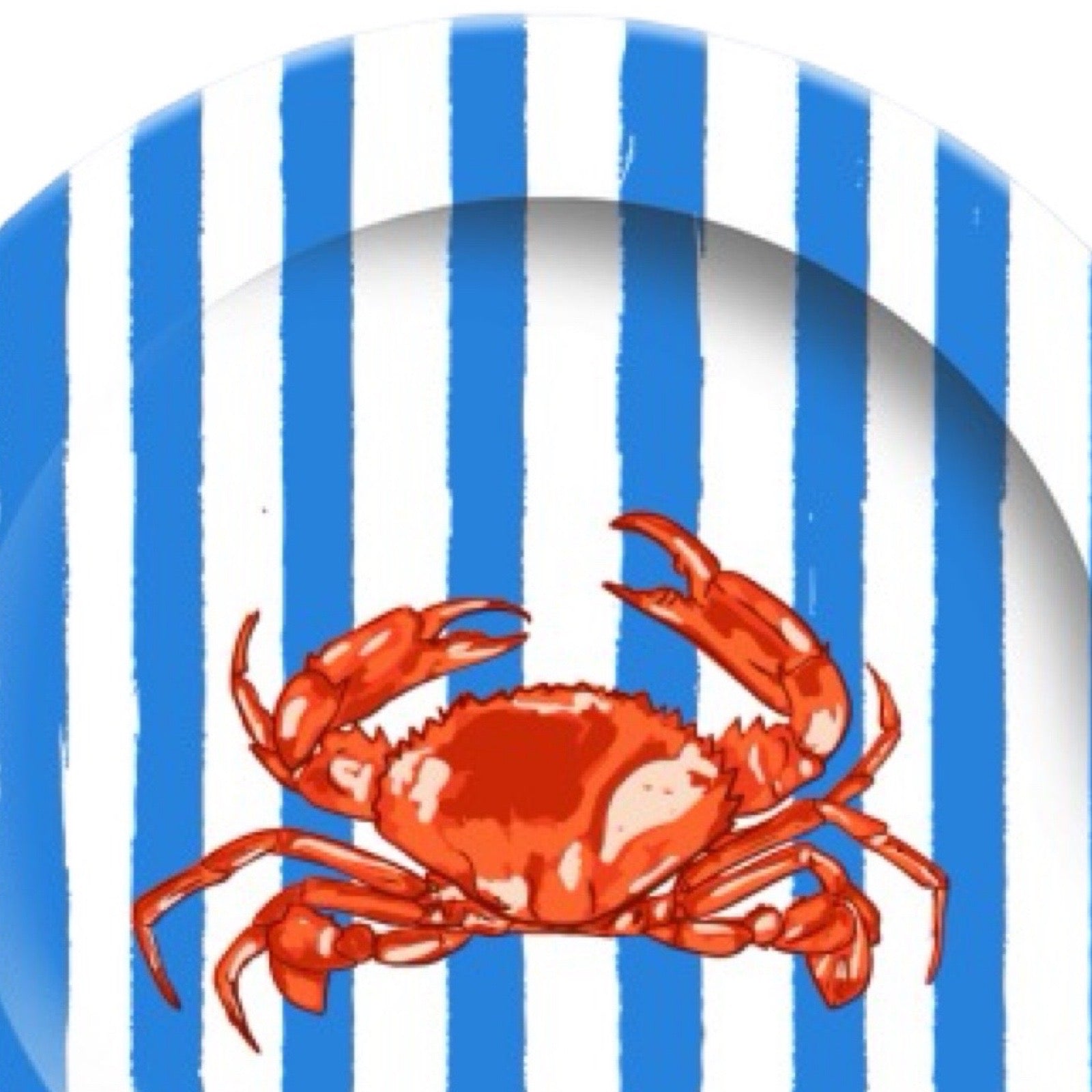 Red crab illustration on a blue and white striped background.