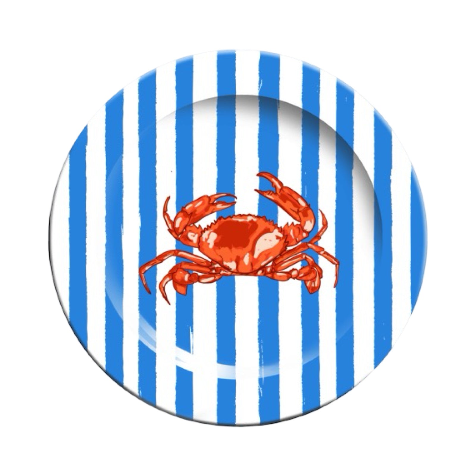 Round ceramic plate with a red crab design on a blue and white striped background.