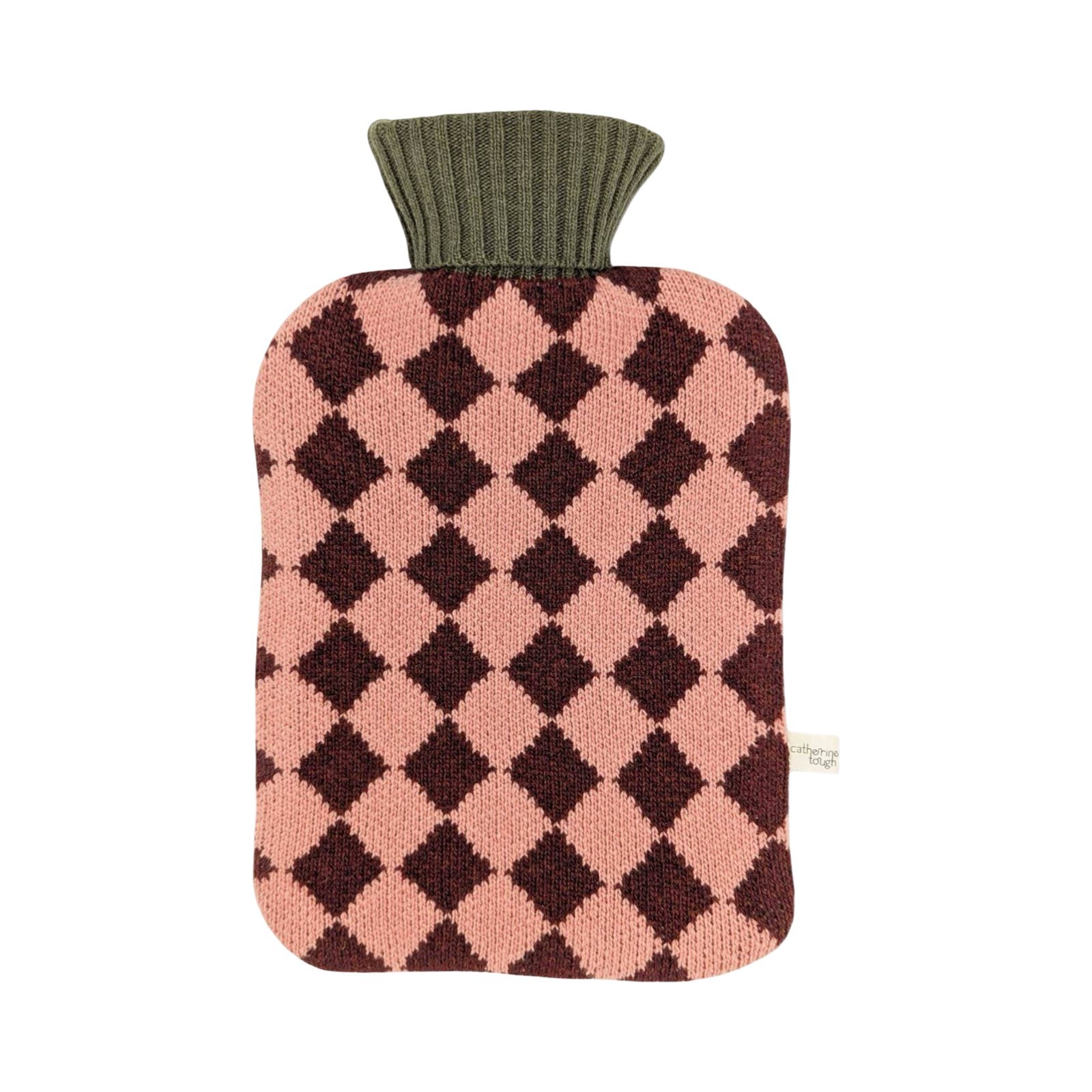 A knitted hot water bottle cover featuring an argyle pattern in dusty pink and dark brown, with an olive green ribbed neck, shown against a plain white background.