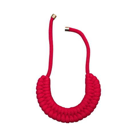 A hand-knotted style necklace made by hand from 100% recycled red cotton cord with a magnetic metal fastening. 