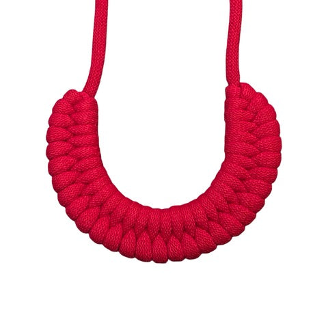 A hand-knotted style necklace made by hand from 100% recycled red cotton cord with a magnetic metal fastening. 