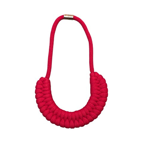 A hand-knotted style necklace made by hand from 100% recycled red cotton cord with a magnetic metal fastening. 