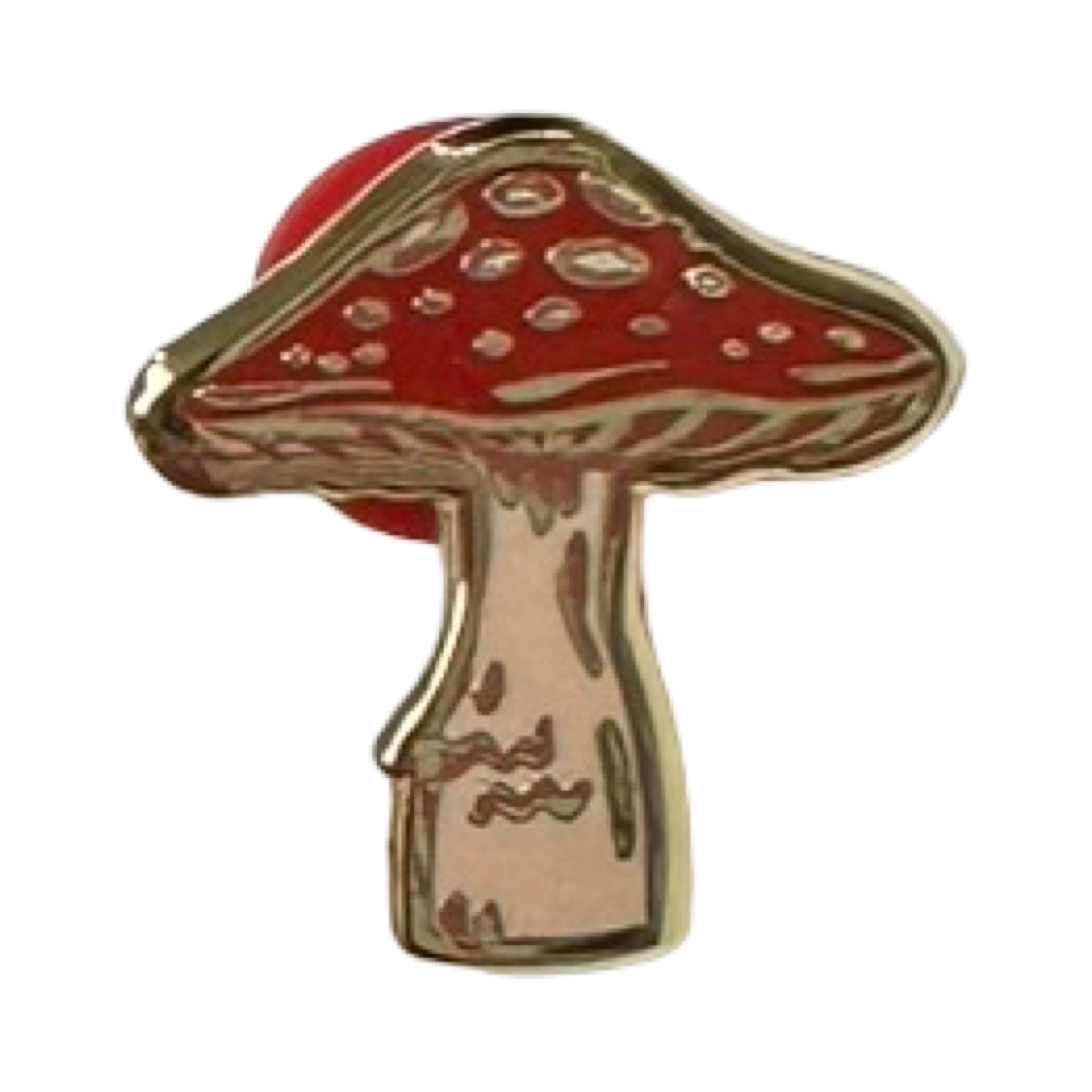 Mushroom-shaped pin with red cap and gold stem on a white background.