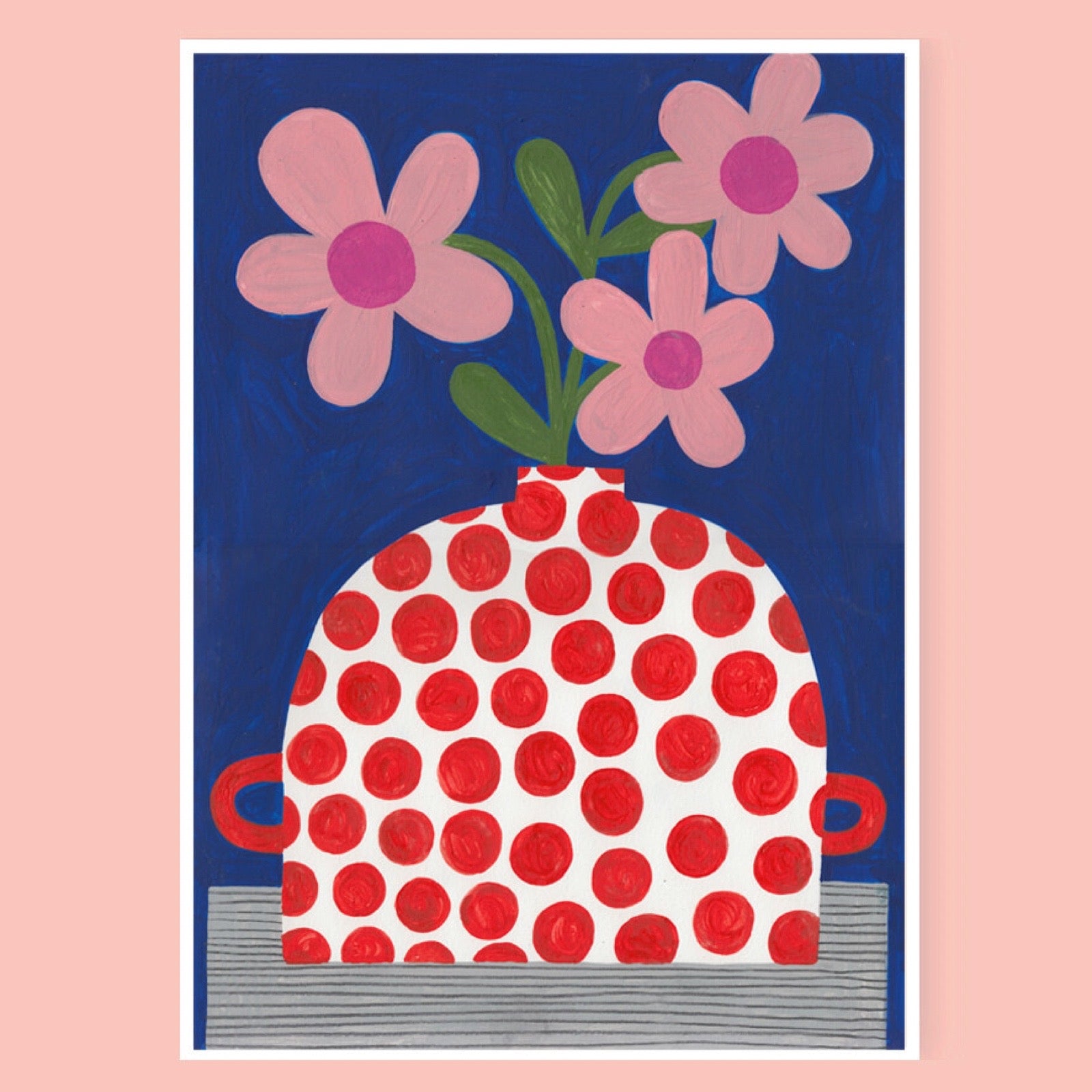 Polka dot vase with pink flowers on a blue background.