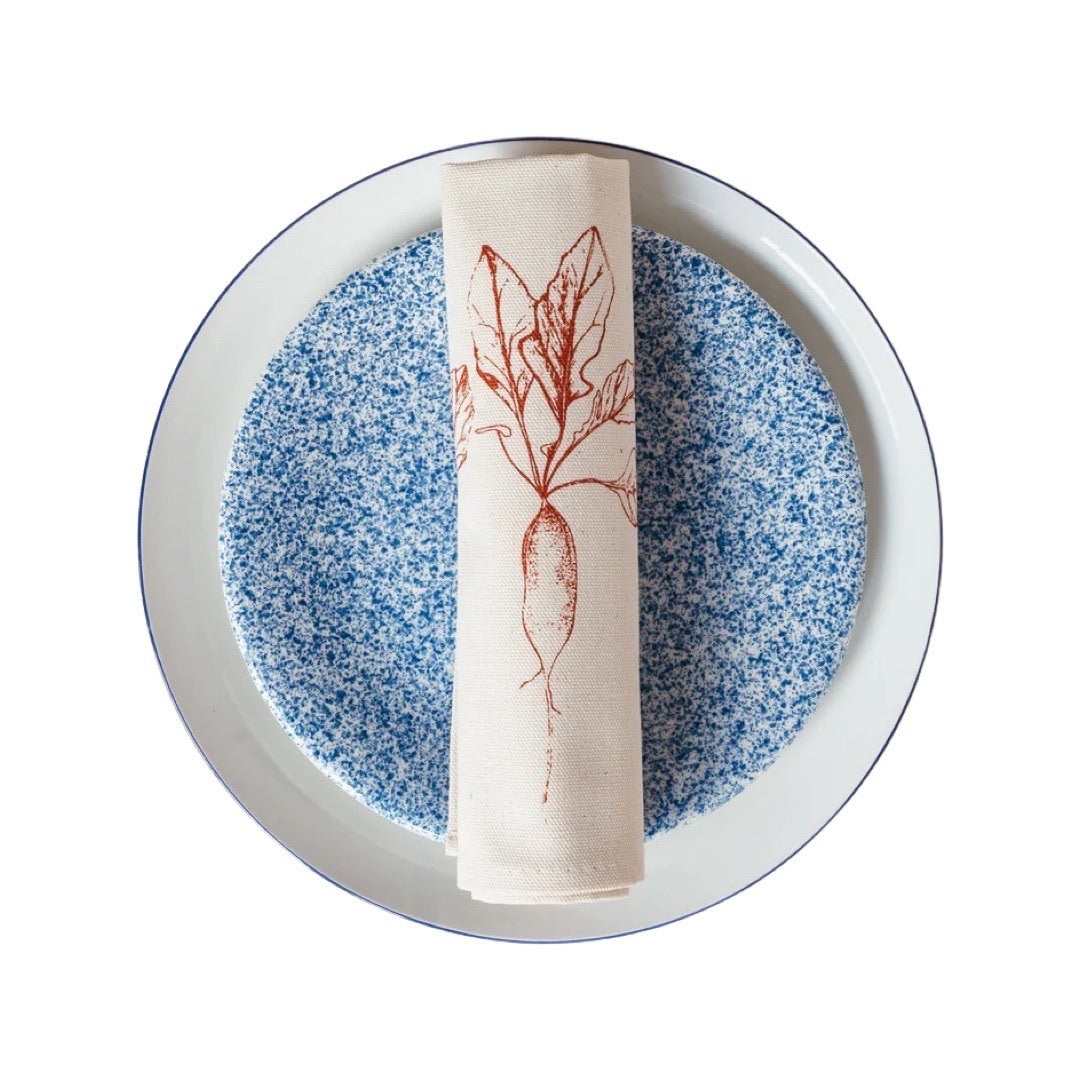 Screen-printed cream serviette featuring an original illustration of a red radish.
