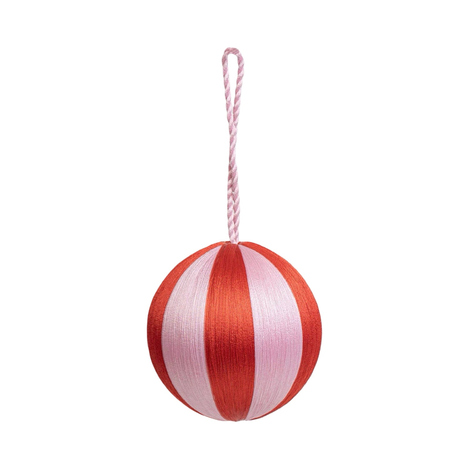 These gorgeous red and pink striped baubles are thread-bound and come complete with a matching pink hanging thread.