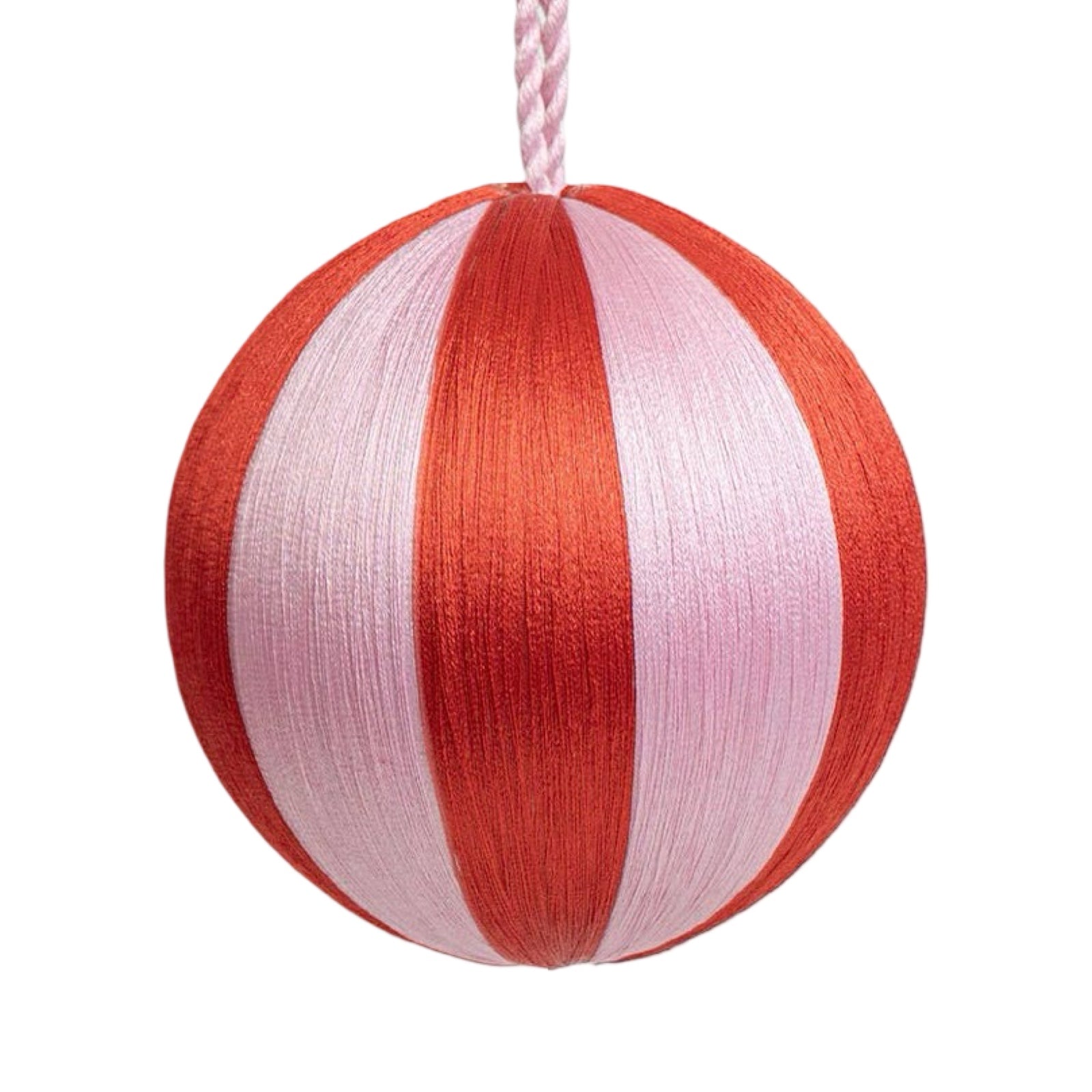 These gorgeous red and pink striped baubles are thread-bound and come complete with a matching pink hanging thread.