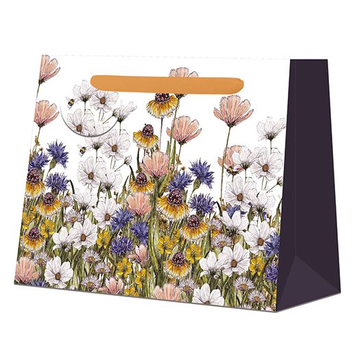 Gift bag with floral design on a white background.