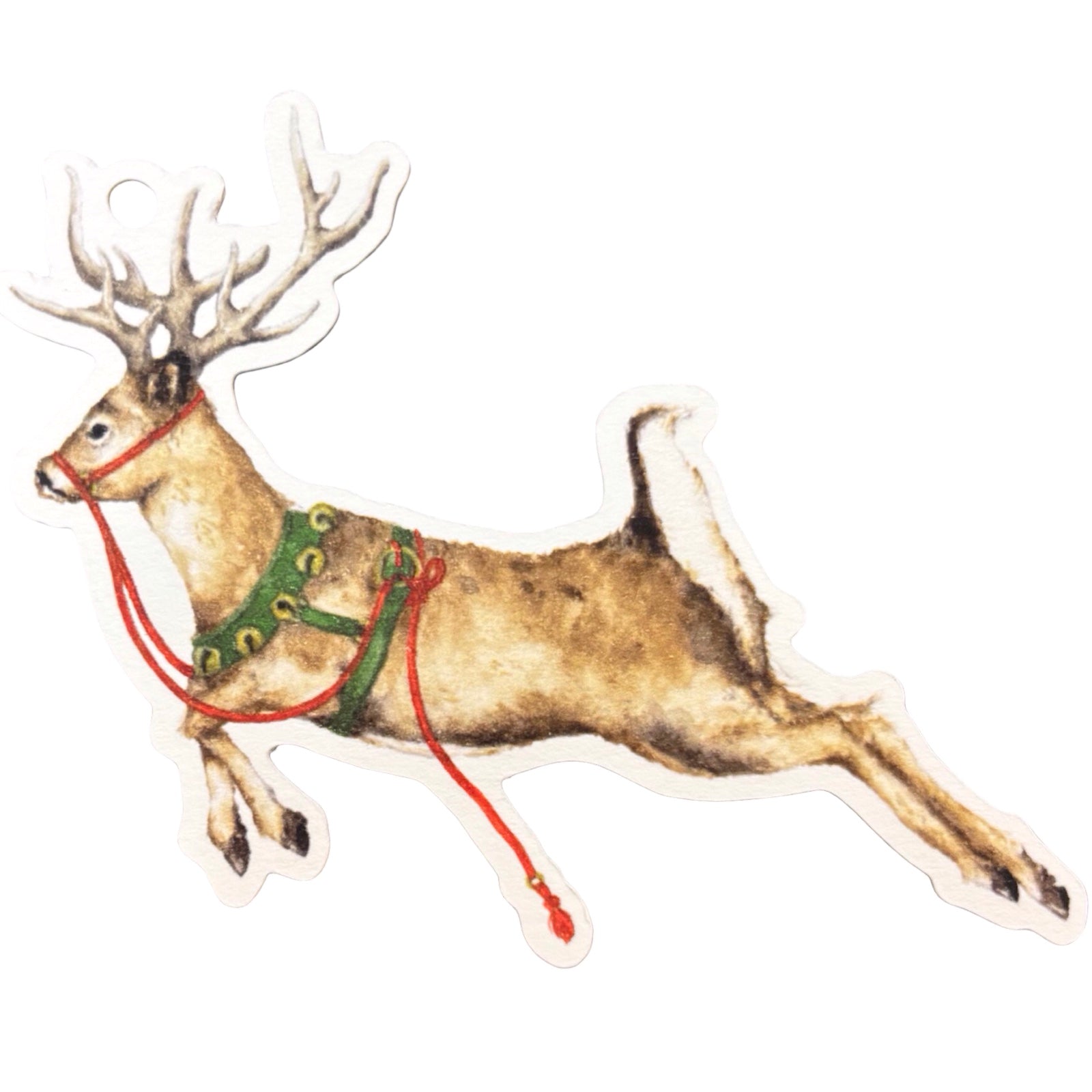 Illustration of a reindeer with a green harness and red reins on a white background.