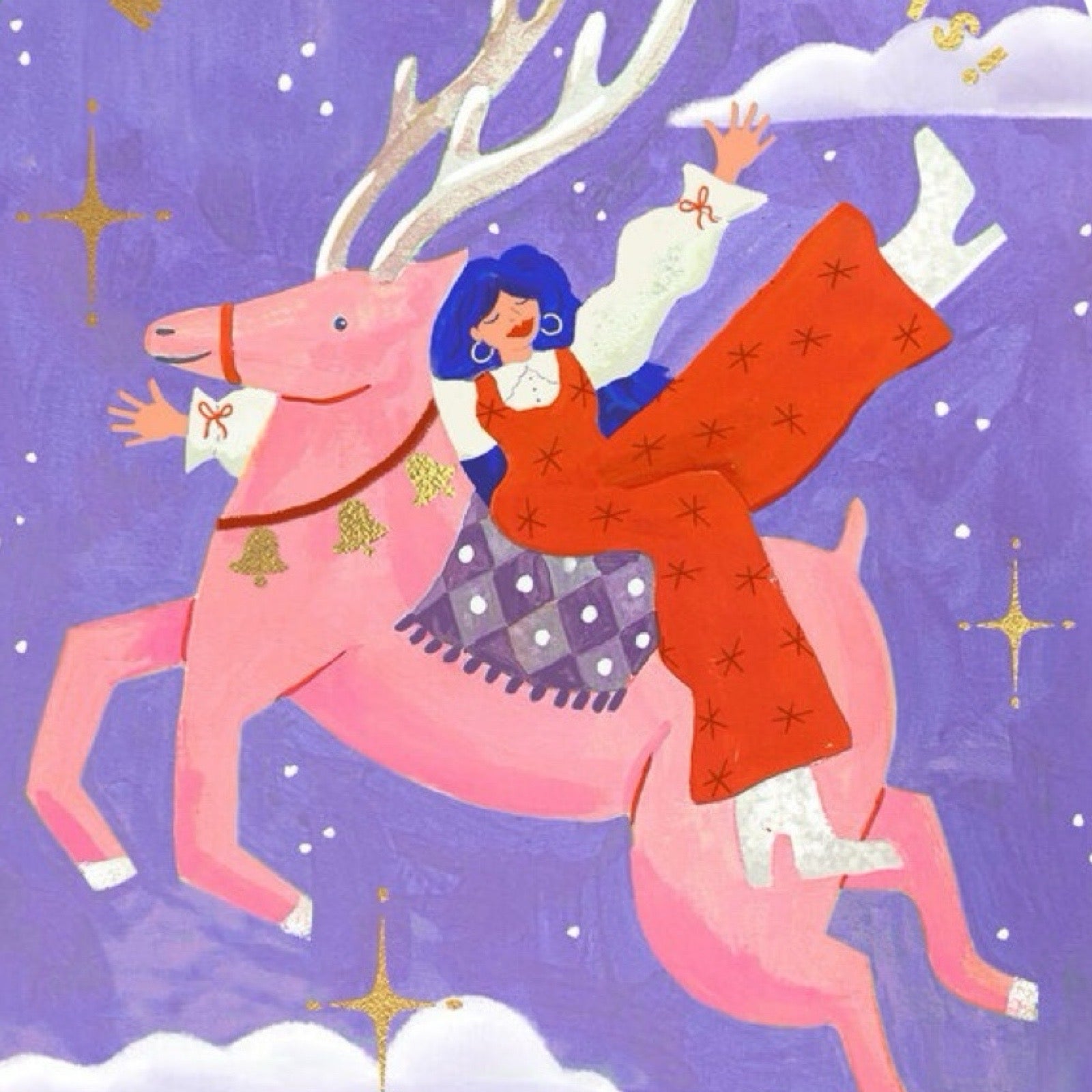 Christmas card featuring a lady in red dungarees riding a pink reindeer, against a purple background with the text 'Merry Christmas' in gold lettering.