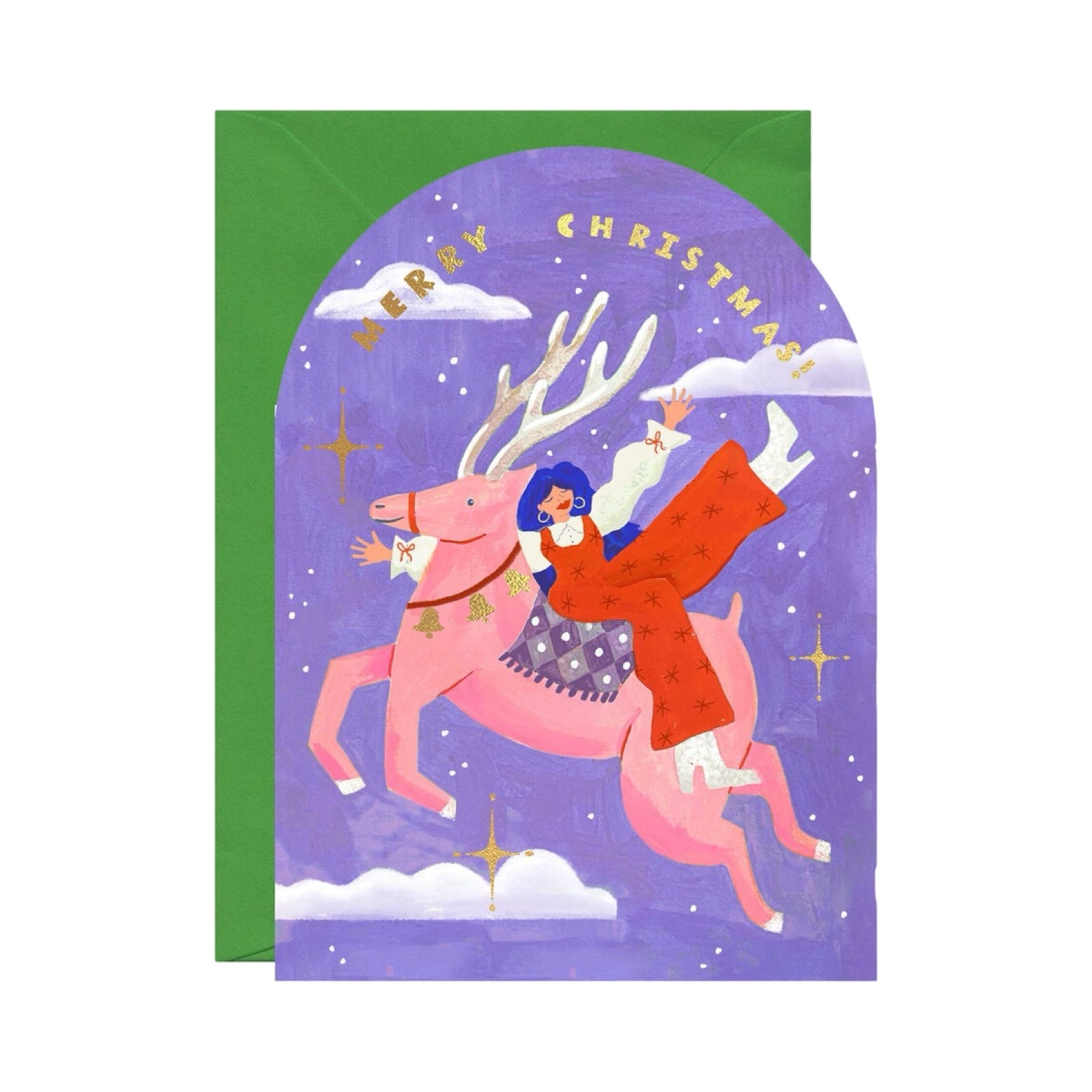 Christmas card featuring a lady in red dungarees riding a pink reindeer, against a purple background with the text 'Merry Christmas' in gold lettering.
