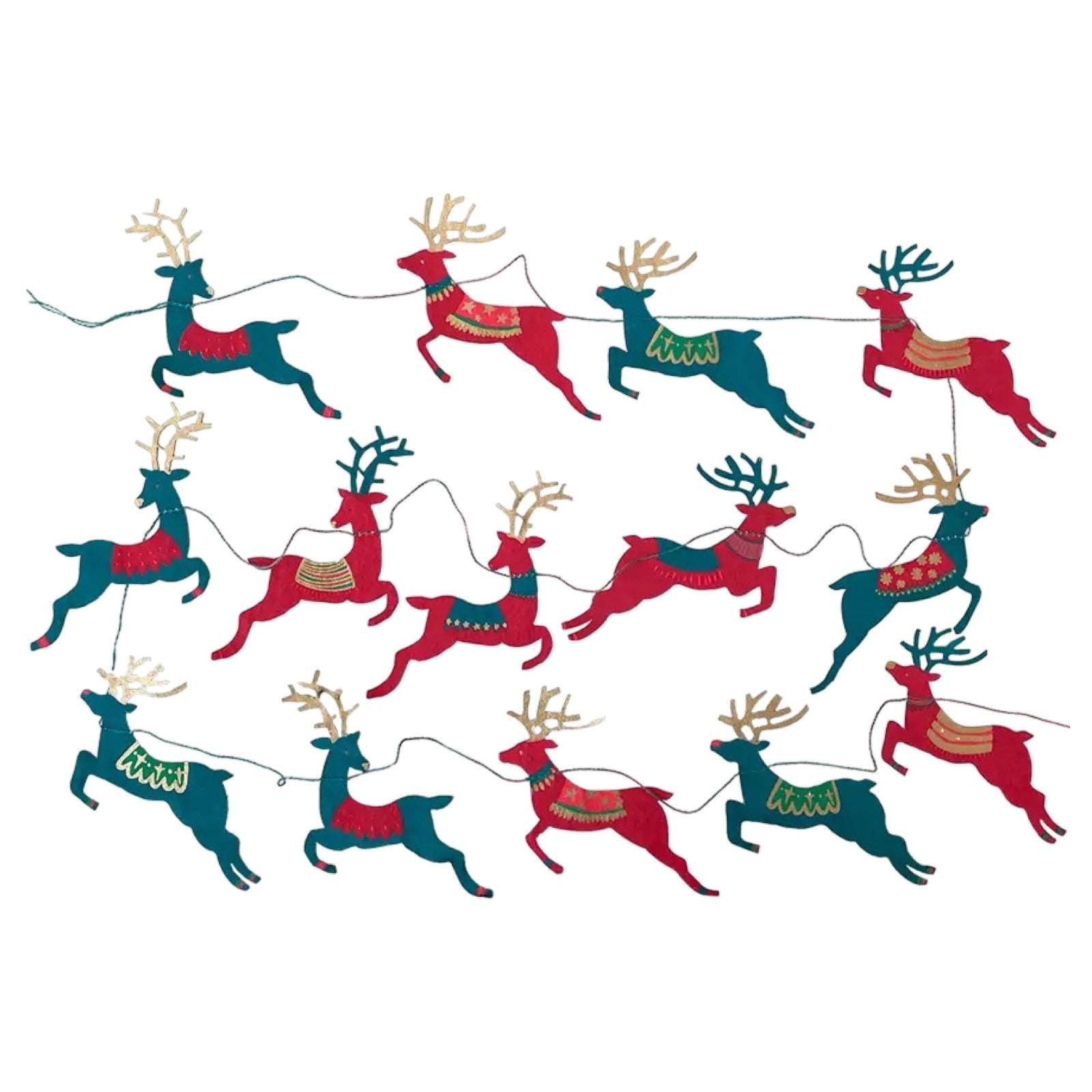A paper garland with 14 reindeer shapes in red and green.