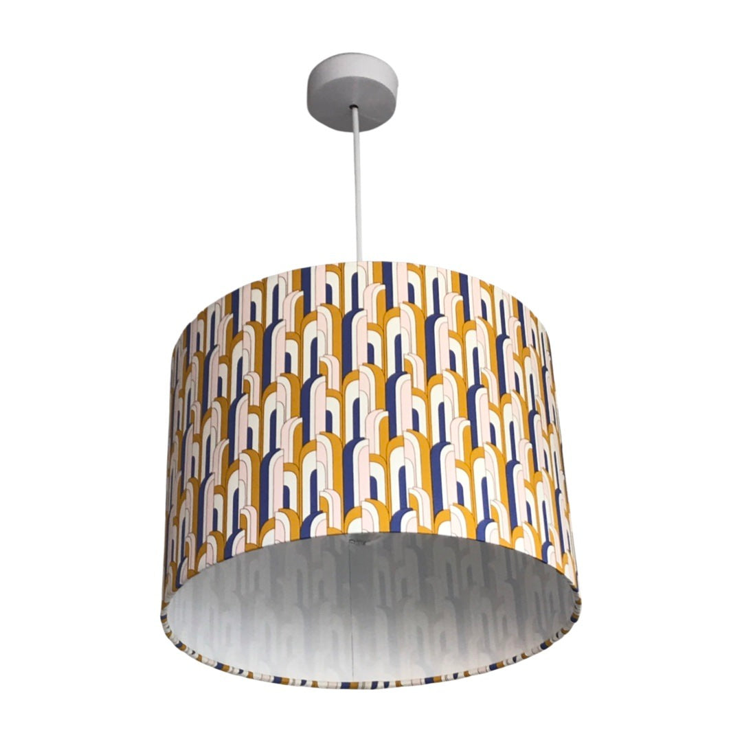Drum lampshade in a blue, white and mustard mid-century-inspired retro arch design