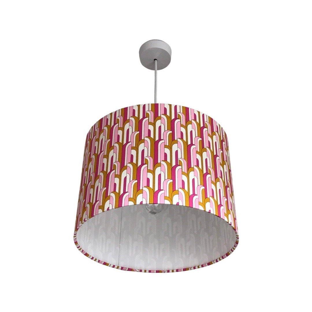 Drum lampshade in a pink, white and mustard mid-century-inspired retro arch design