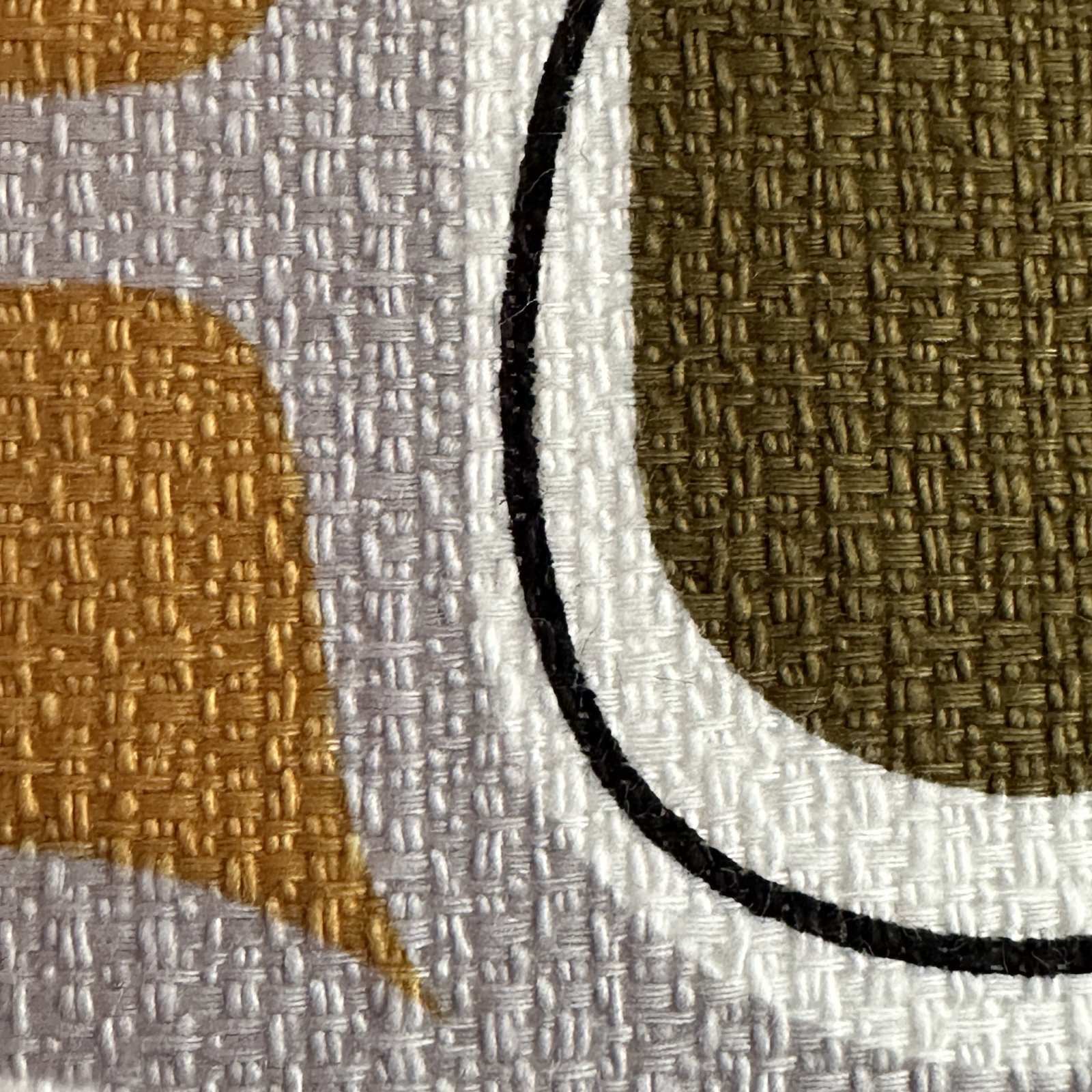 Detail in Barkcloth fabric with a mid-century inspired pattern in mustard and brown