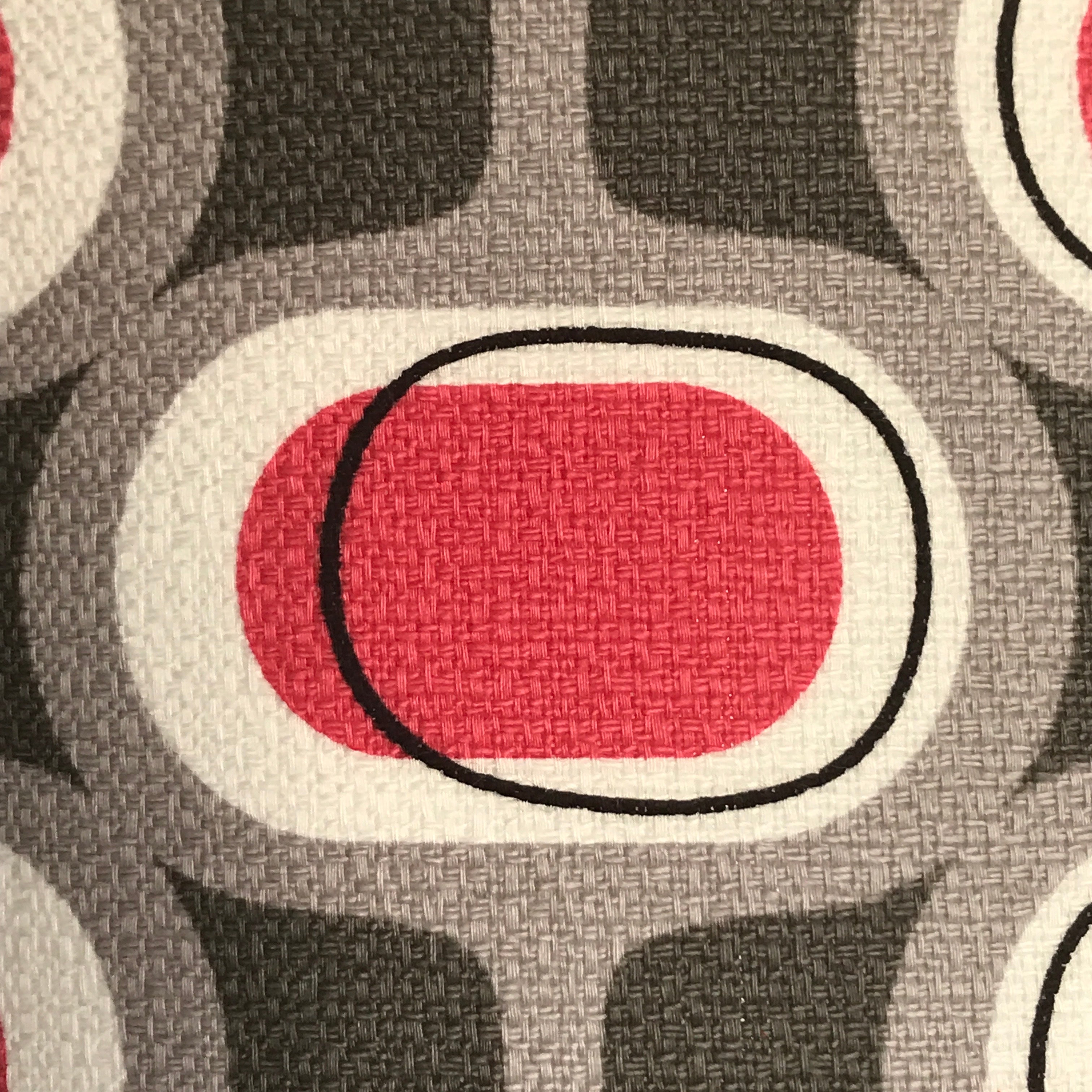 Barkcloth fabric with a mid-century red and grey pattern