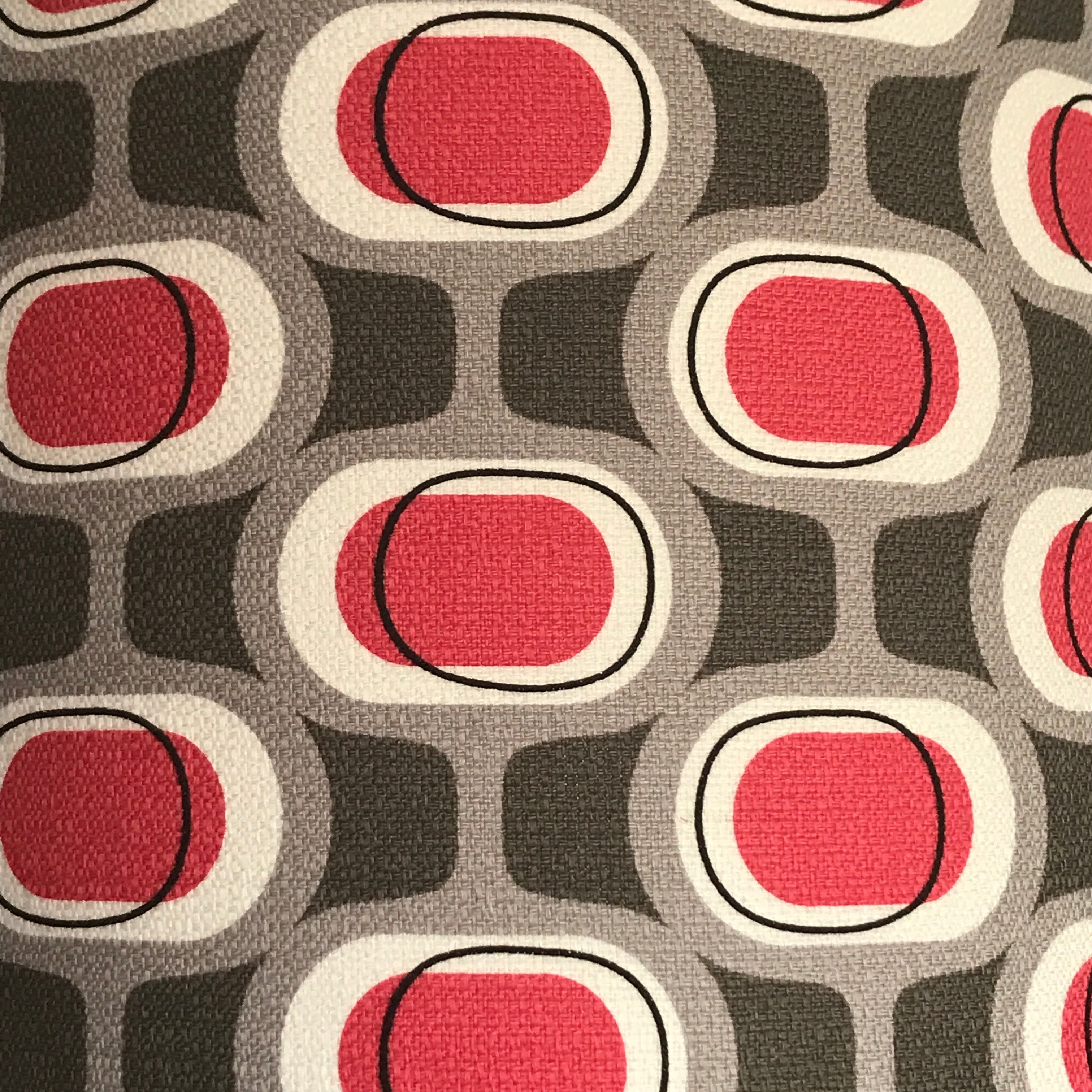 Barkcloth fabric with a mid-century red and grey pattern