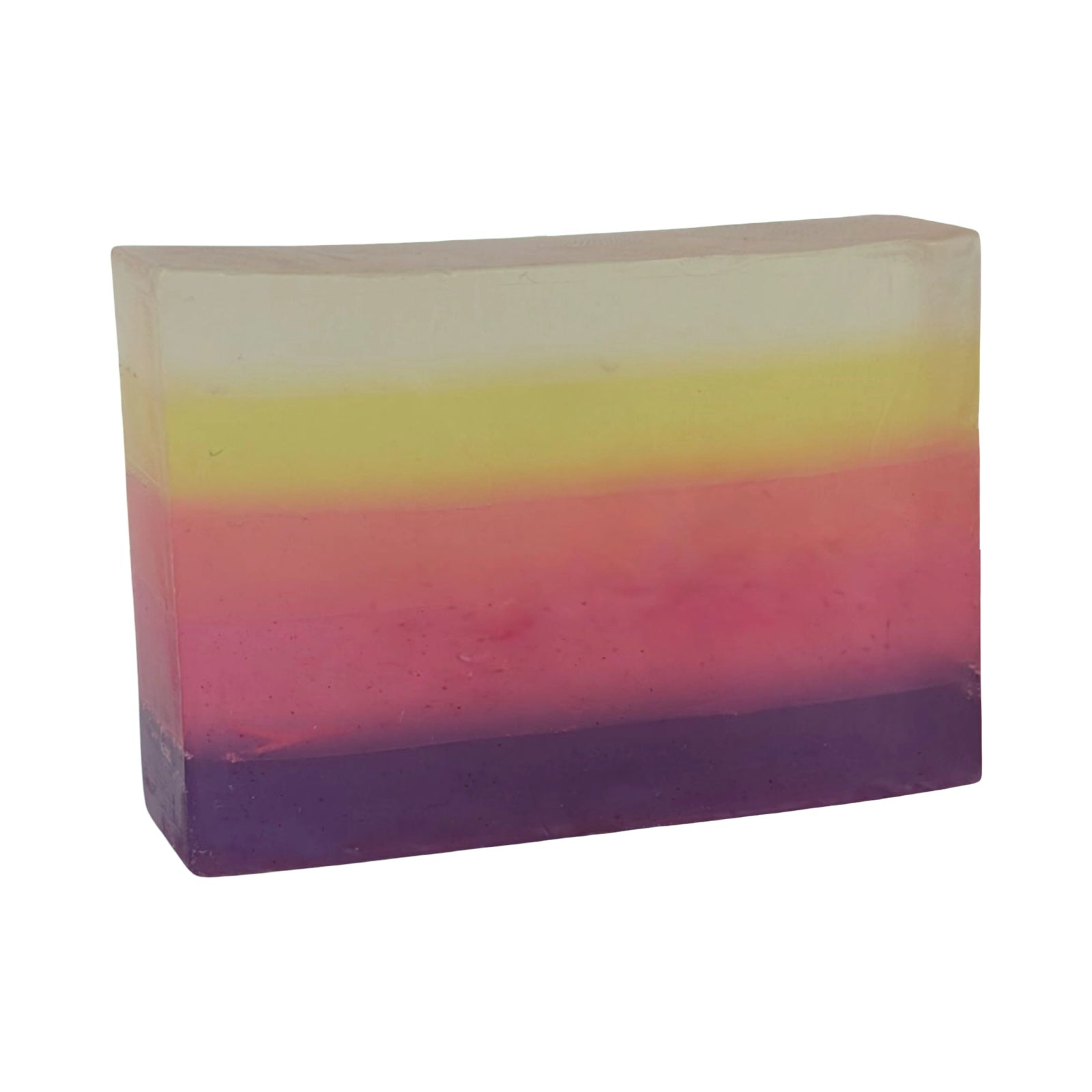 A bar of white, yellow and pink rhubarb and ginger handmade soap.