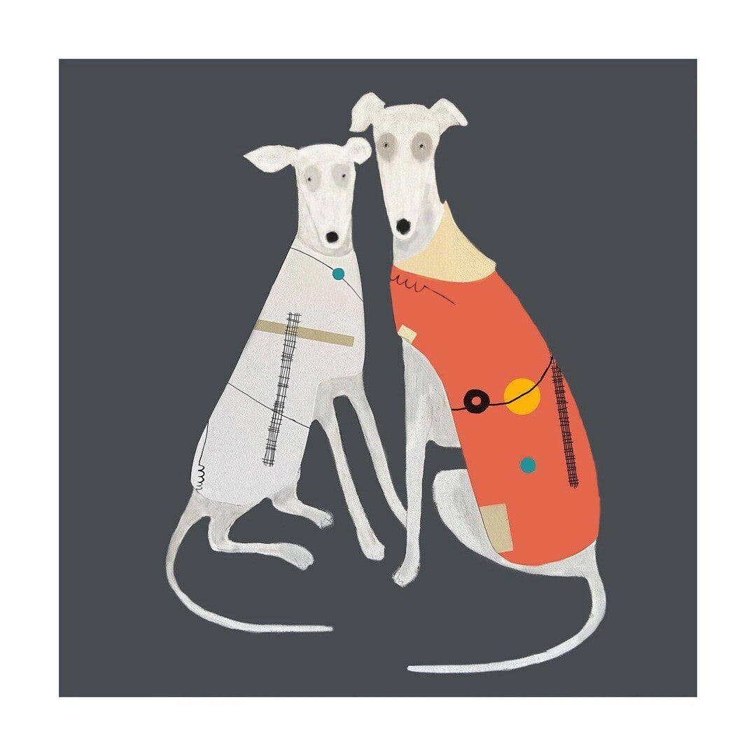 Rhubarb and Lula greyhounds on 15 x 15 cm square greetings card'. 