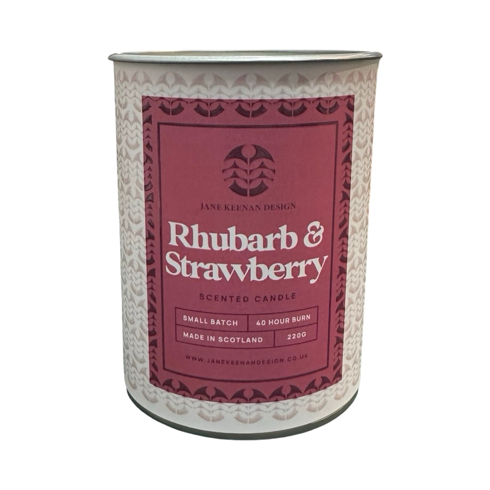 Candle tin with 'Rhubarb & Strawberry' label on a white background.