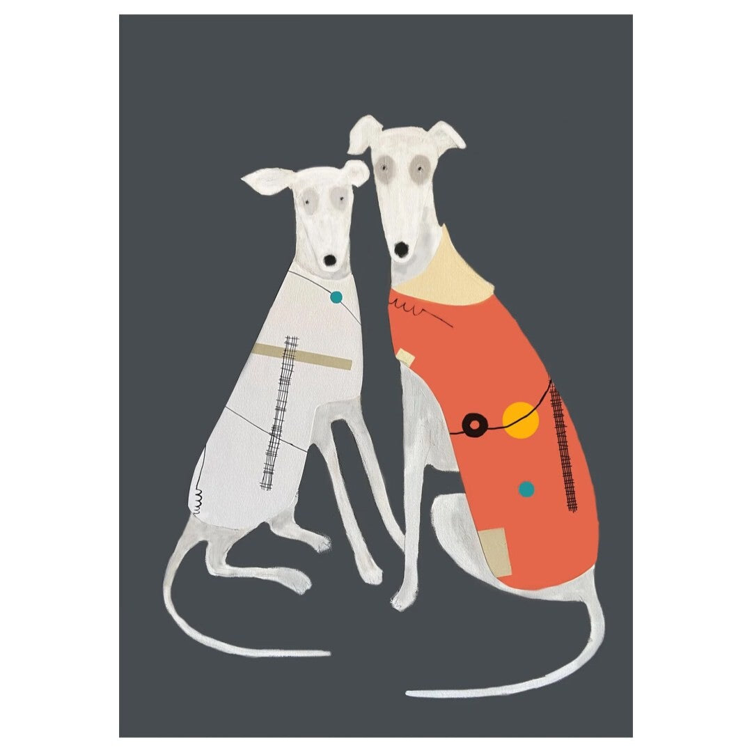 A3 poster print of Rhubarb and Lula greyhound dogs.