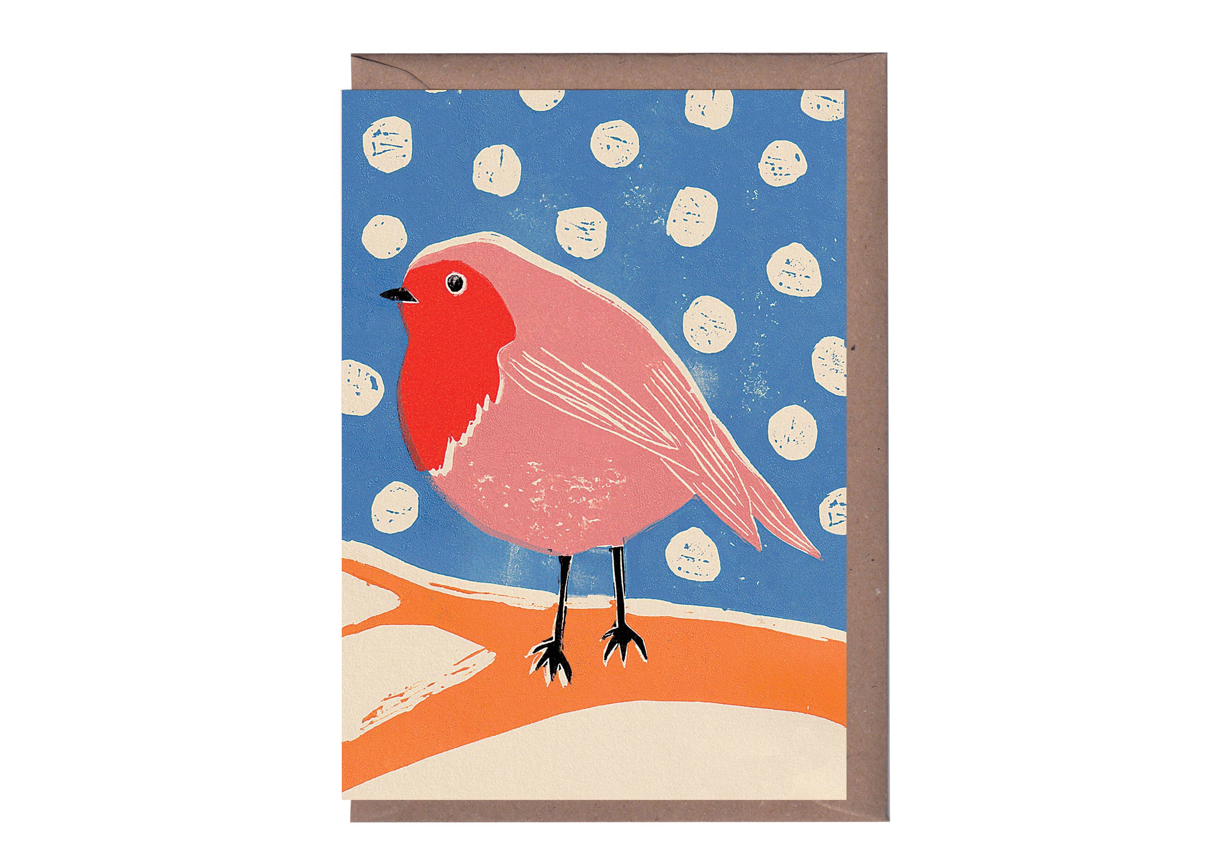 Card with a red robin illustration on a blue background with white circles.