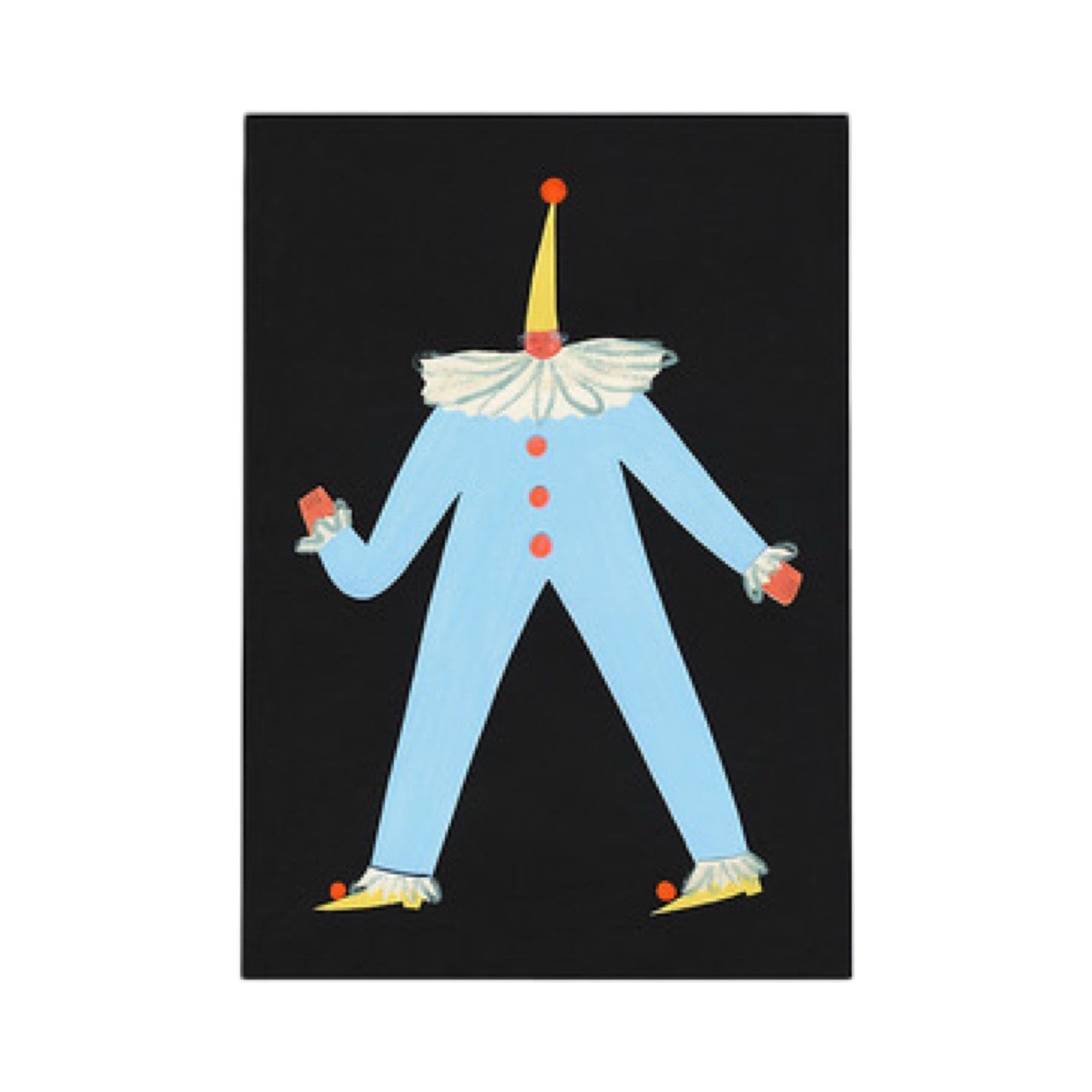 This print features an illustration of the circus character 'Robin' wearing a fabulous all-in-one blue suit with red buttons and a white ruffle collar. 