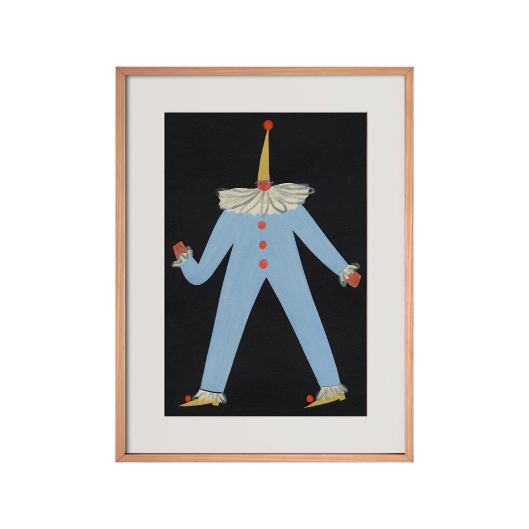 This print features an illustration of the circus character 'Robin' wearing a fabulous all-in-one blue suit with red buttons and a white ruffle collar. 
