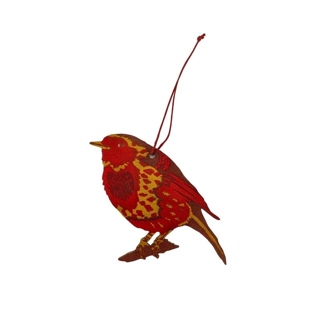 Hand-printed wooden robin Christmas decoration in red and gold.