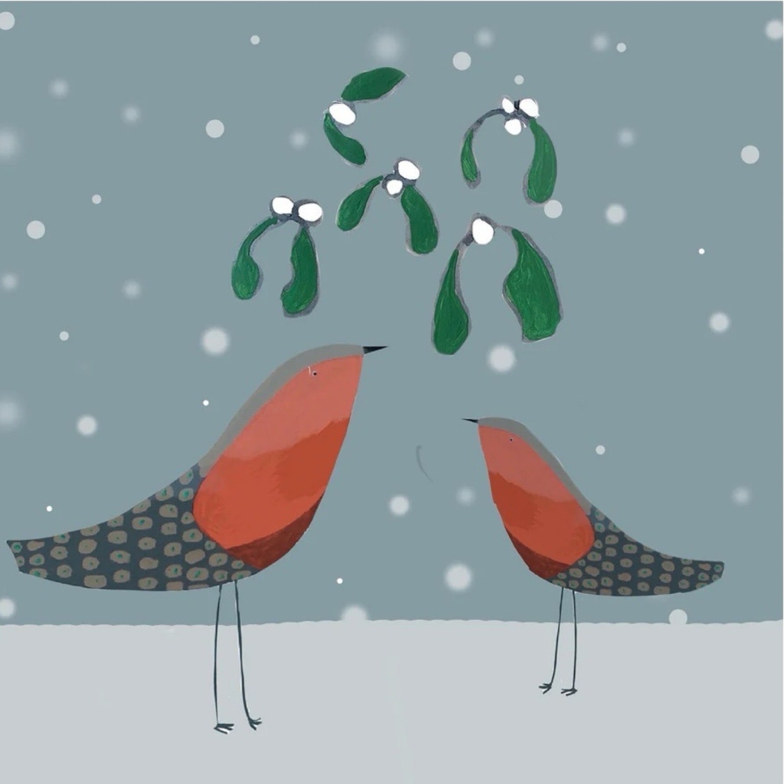 Christmas card featuring an illustration of a two red breasted robins under a bunch of mistletoe on a blue snowy background. 