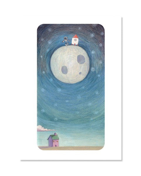 A beautiful print of a small pink house with the moon above, with a house and a robot.